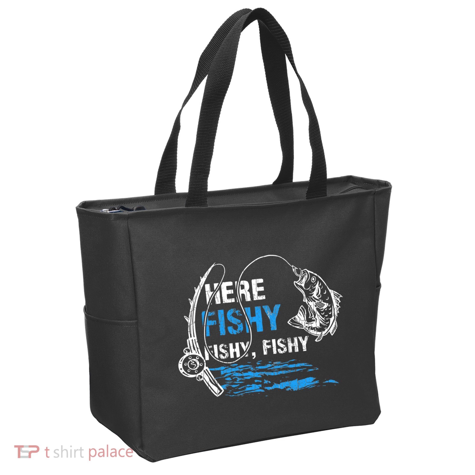 Here Fishy Funny Fishing Fishermen Fish Graphic Tote Bag