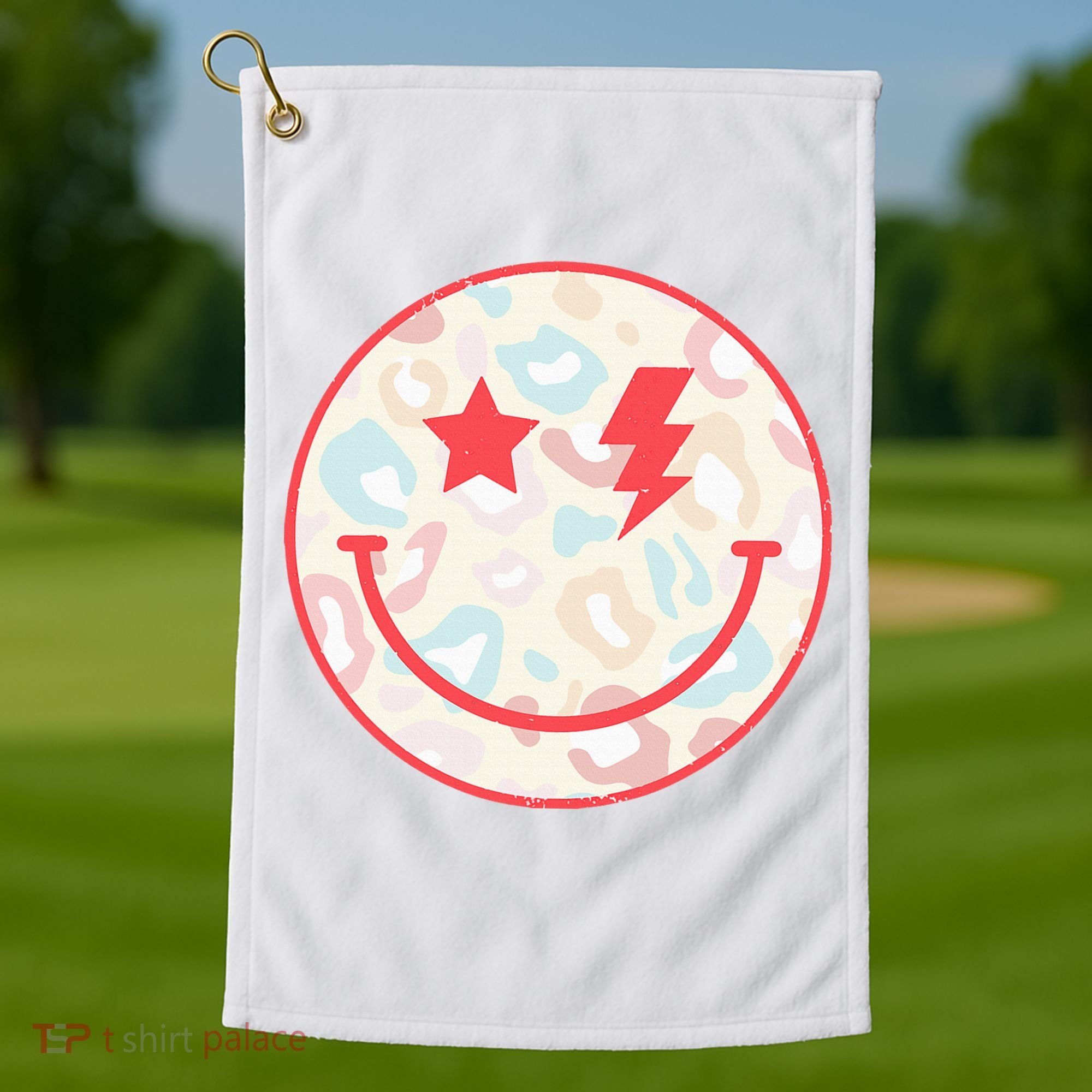 Happy Face Floral Preppy Aesthetic Smiling Face Golf Towel