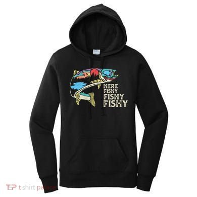 Here Fishy Fishy Retro Nature Trout Fly Fishing Gift Women's Hoodie