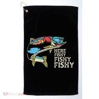 Here Fishy Fishy Retro Nature Trout Fly Fishing Gift Golf Towel thumb 0