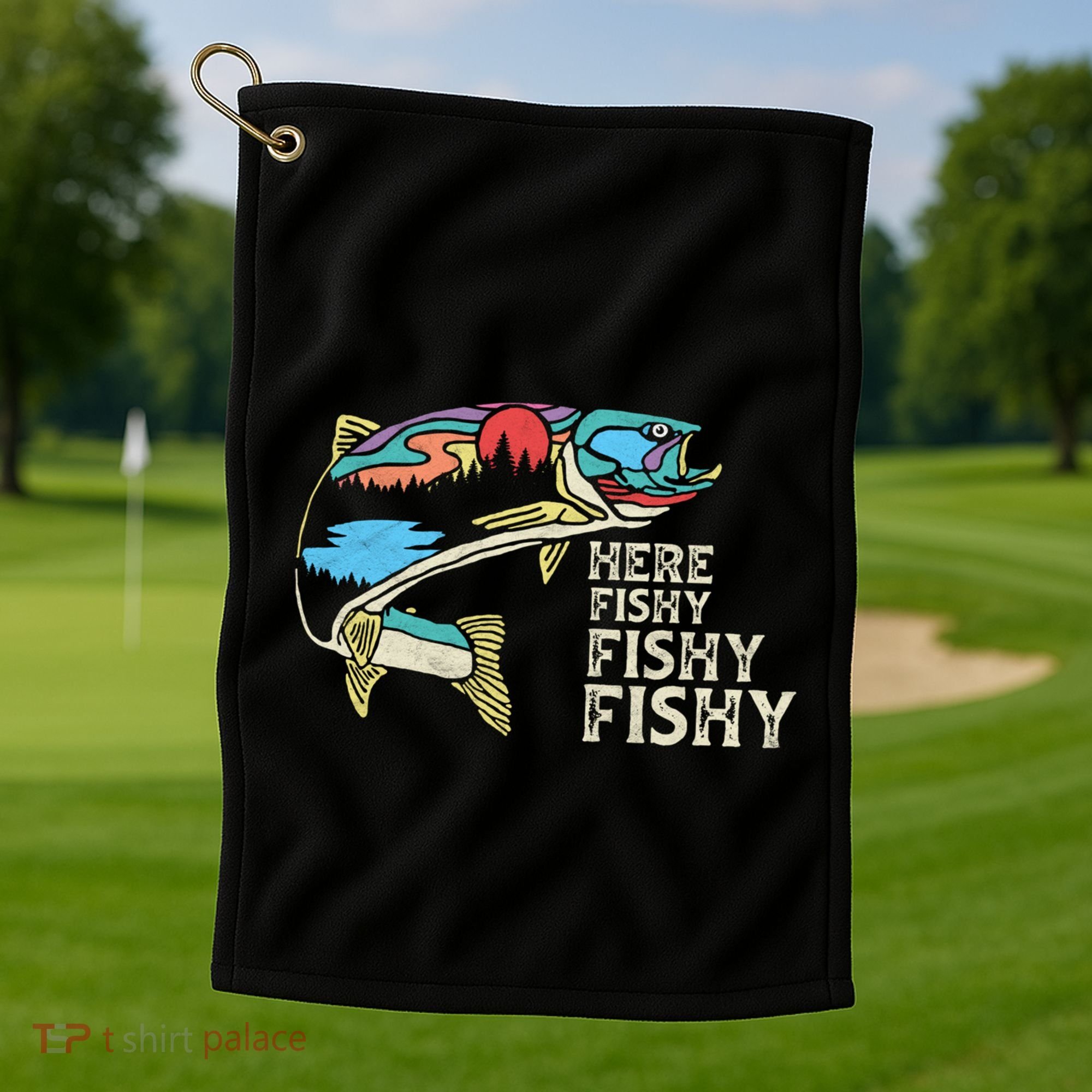 Here Fishy Fishy Retro Nature Trout Fly Fishing Gift Golf Towel