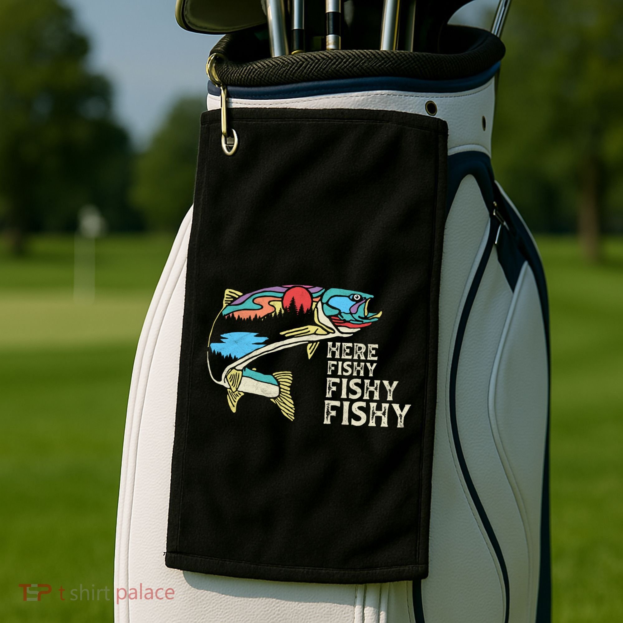 Here Fishy Fishy Retro Nature Trout Fly Fishing Gift Golf Towel