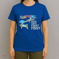 Here Fishy Fishy Retro Nature Trout Fly Fishing Gift T-Shirt thumb 4