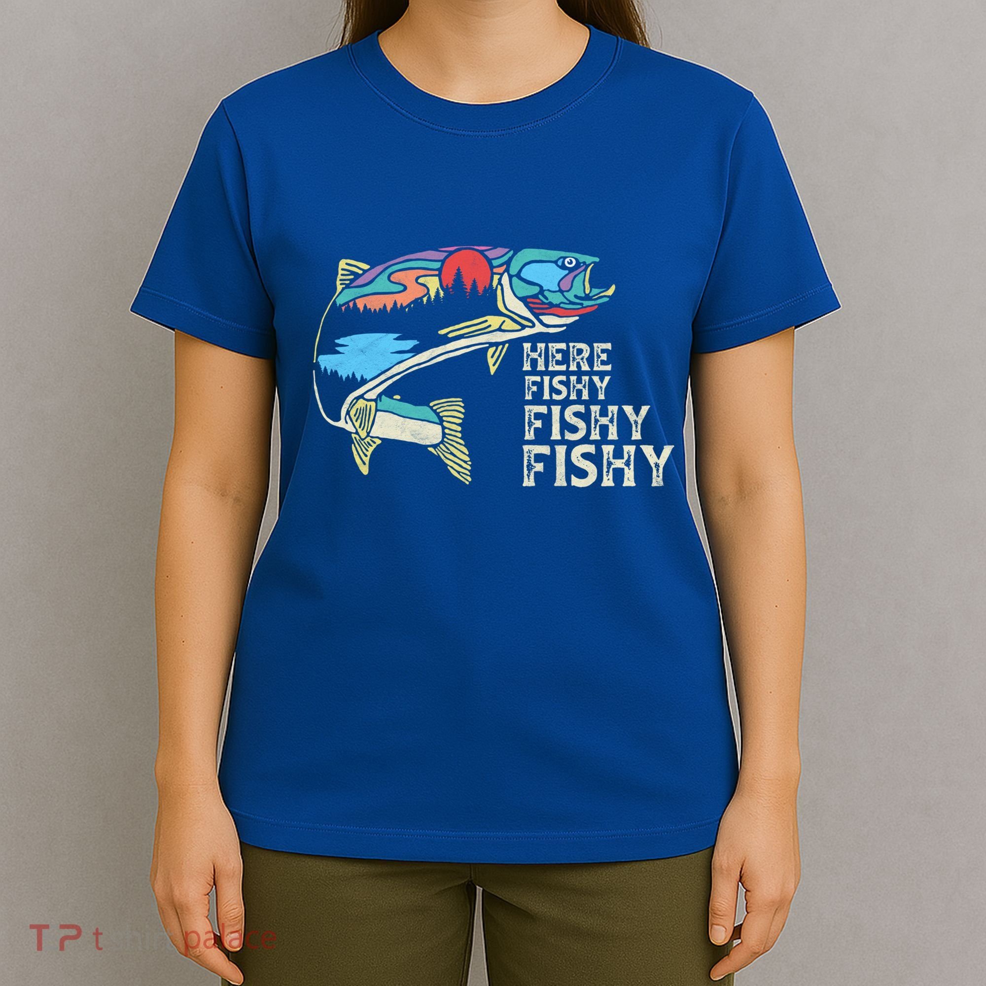 Here Fishy Fishy Retro Nature Trout Fly Fishing Gift T-Shirt
