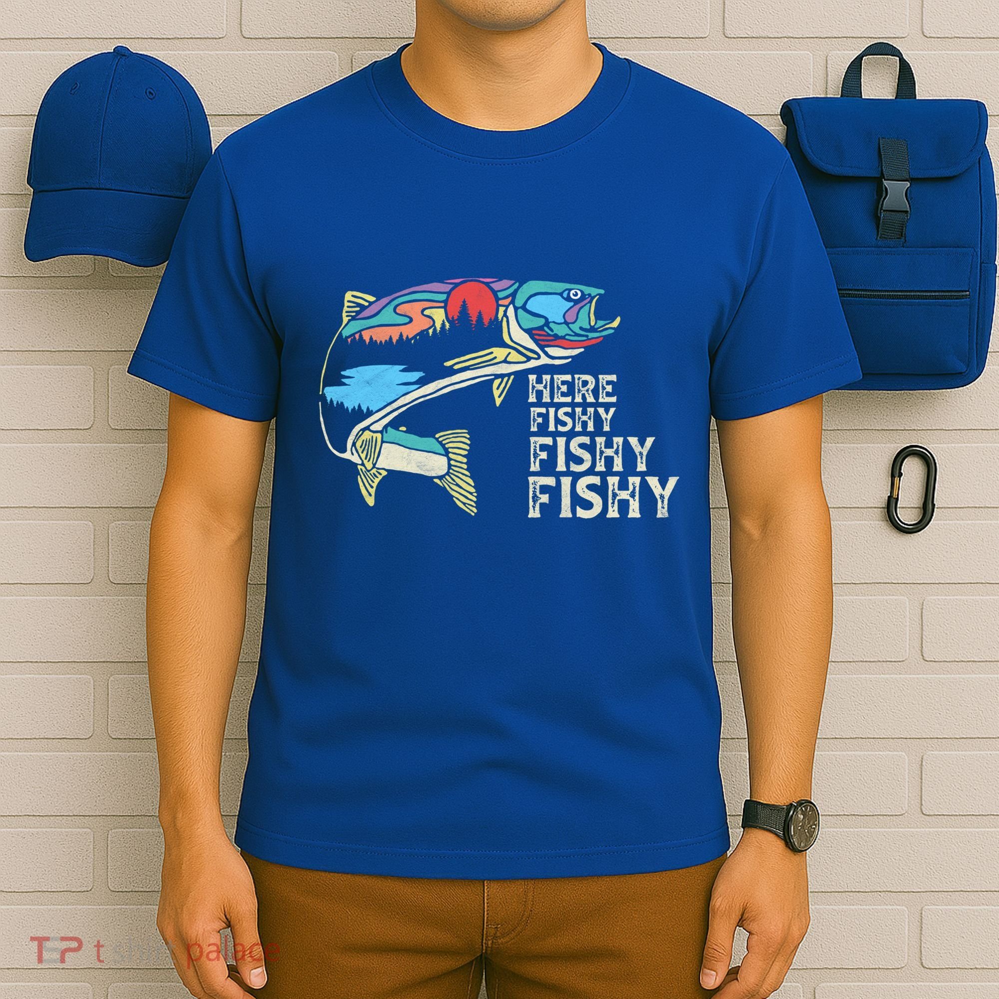 Here Fishy Fishy Retro Nature Trout Fly Fishing Gift T-Shirt