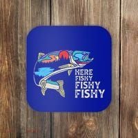 Here Fishy Fishy Retro Nature Trout Fly Fishing Gift Coaster thumb 0