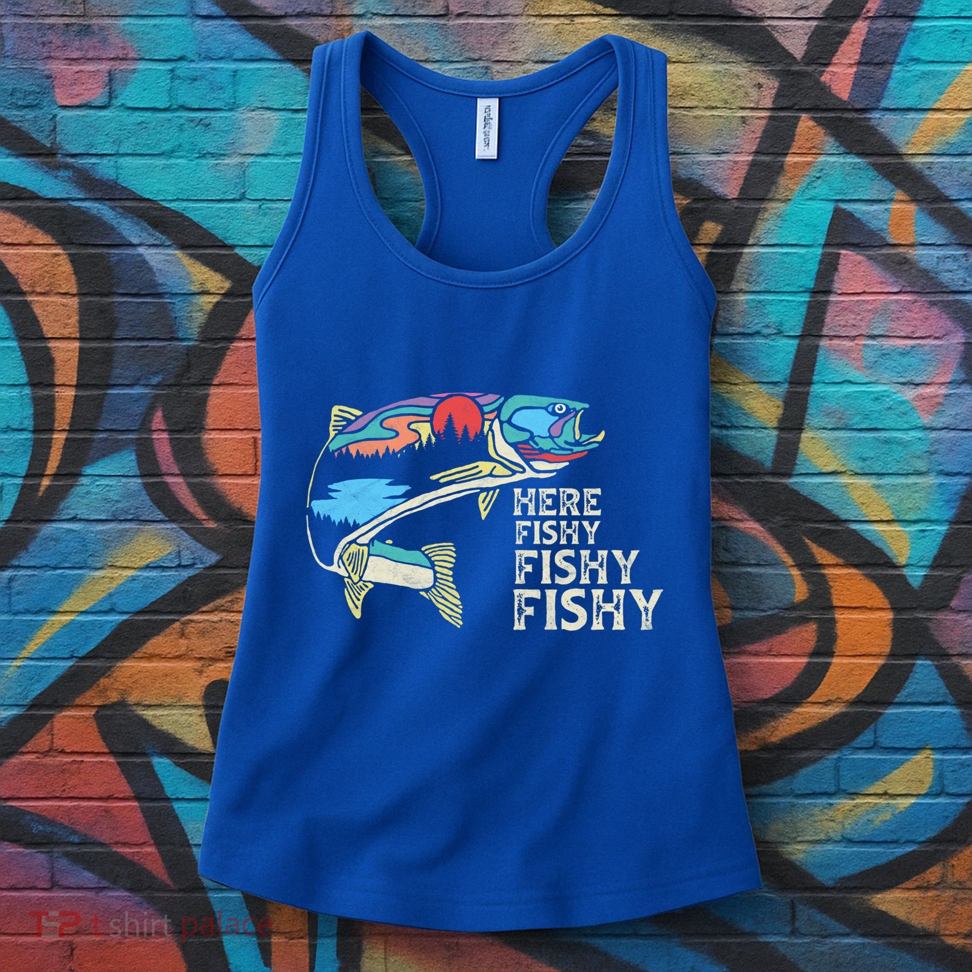 Here Fishy Fishy Retro Nature Trout Fly Fishing Gift Women's Tank Top