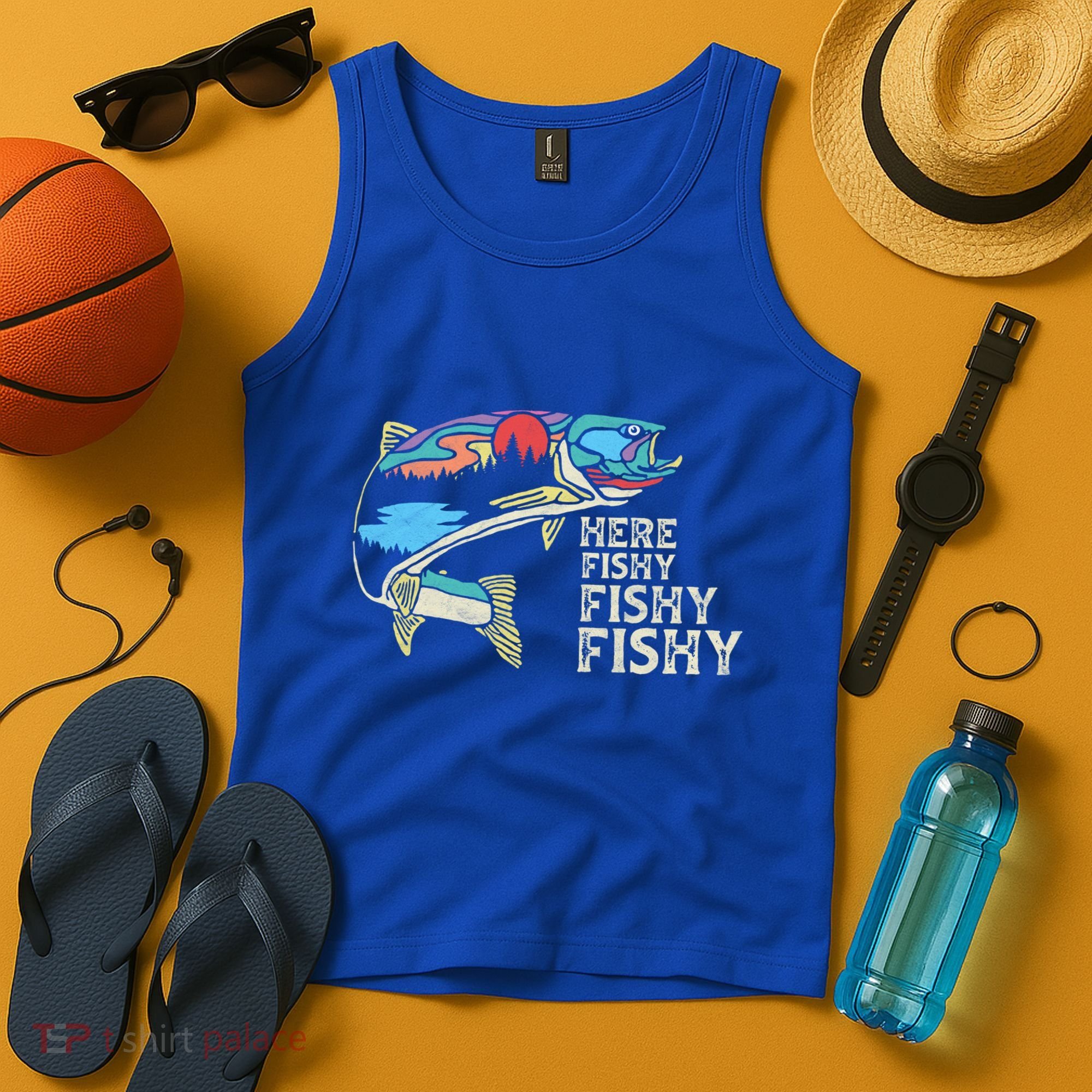 Here Fishy Fishy Retro Nature Trout Fly Fishing Gift Tank Top