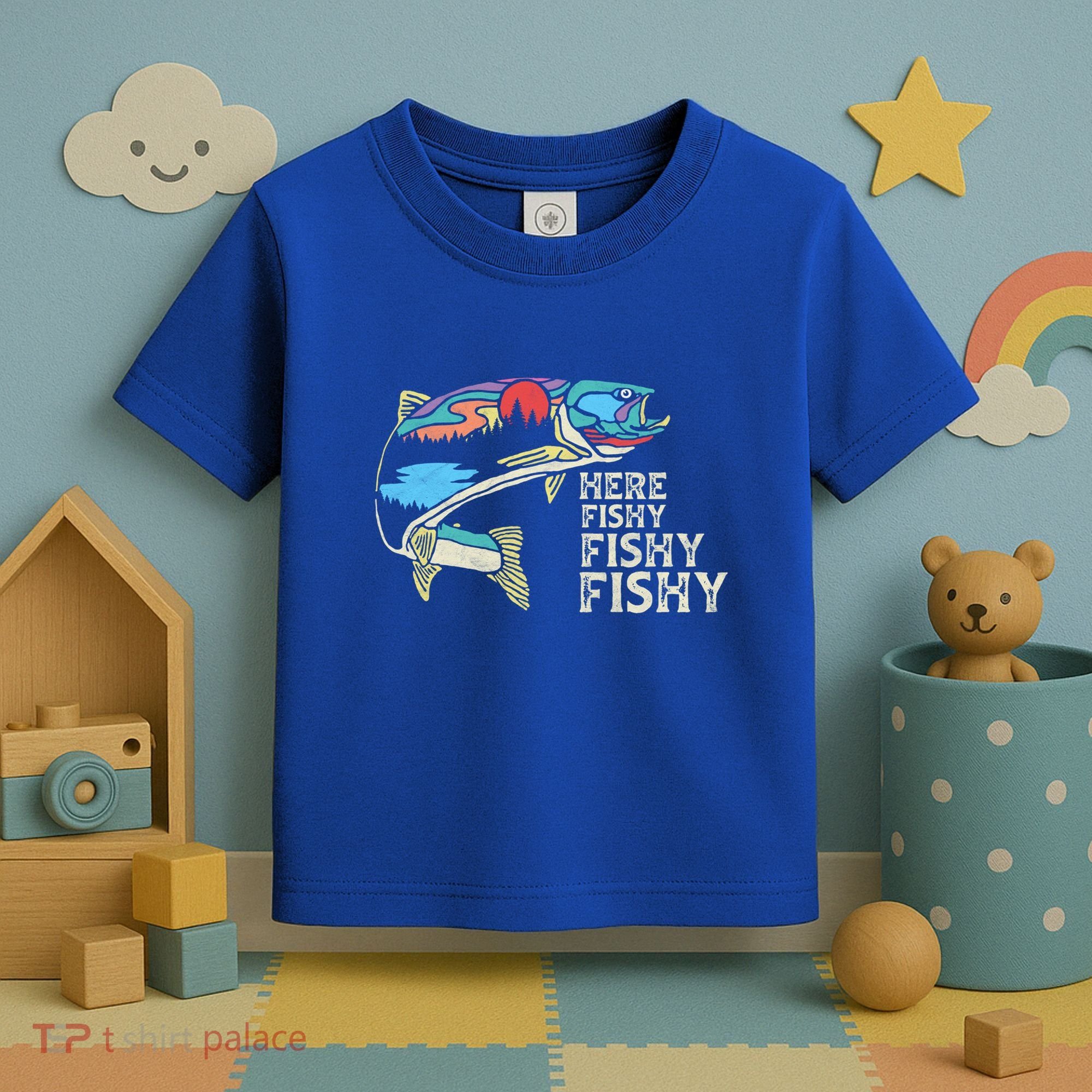 Here Fishy Fishy Retro Nature Trout Fly Fishing Gift Toddler T-Shirt