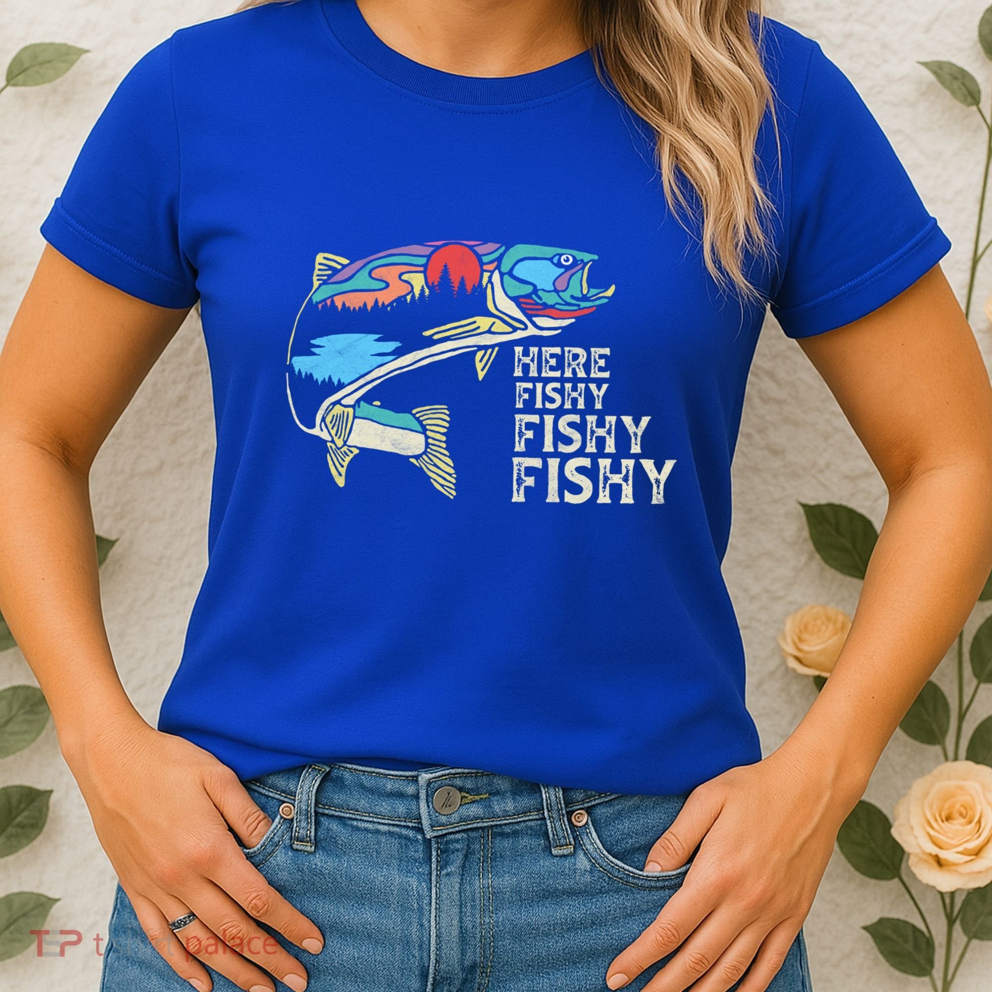 Here Fishy Fishy Retro Nature Trout Fly Fishing Gift Women's T-Shirt