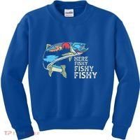 Here Fishy Fishy Retro Nature Trout Fly Fishing Gift Kids Sweatshirt thumb 0