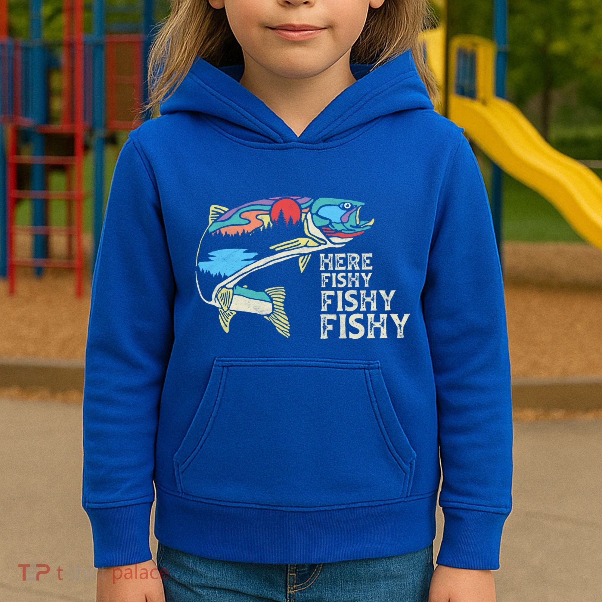 Here Fishy Fishy Retro Nature Trout Fly Fishing Gift Kids Hoodie