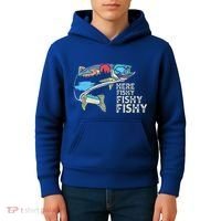 Here Fishy Fishy Retro Nature Trout Fly Fishing Gift Kids Hoodie thumb 4