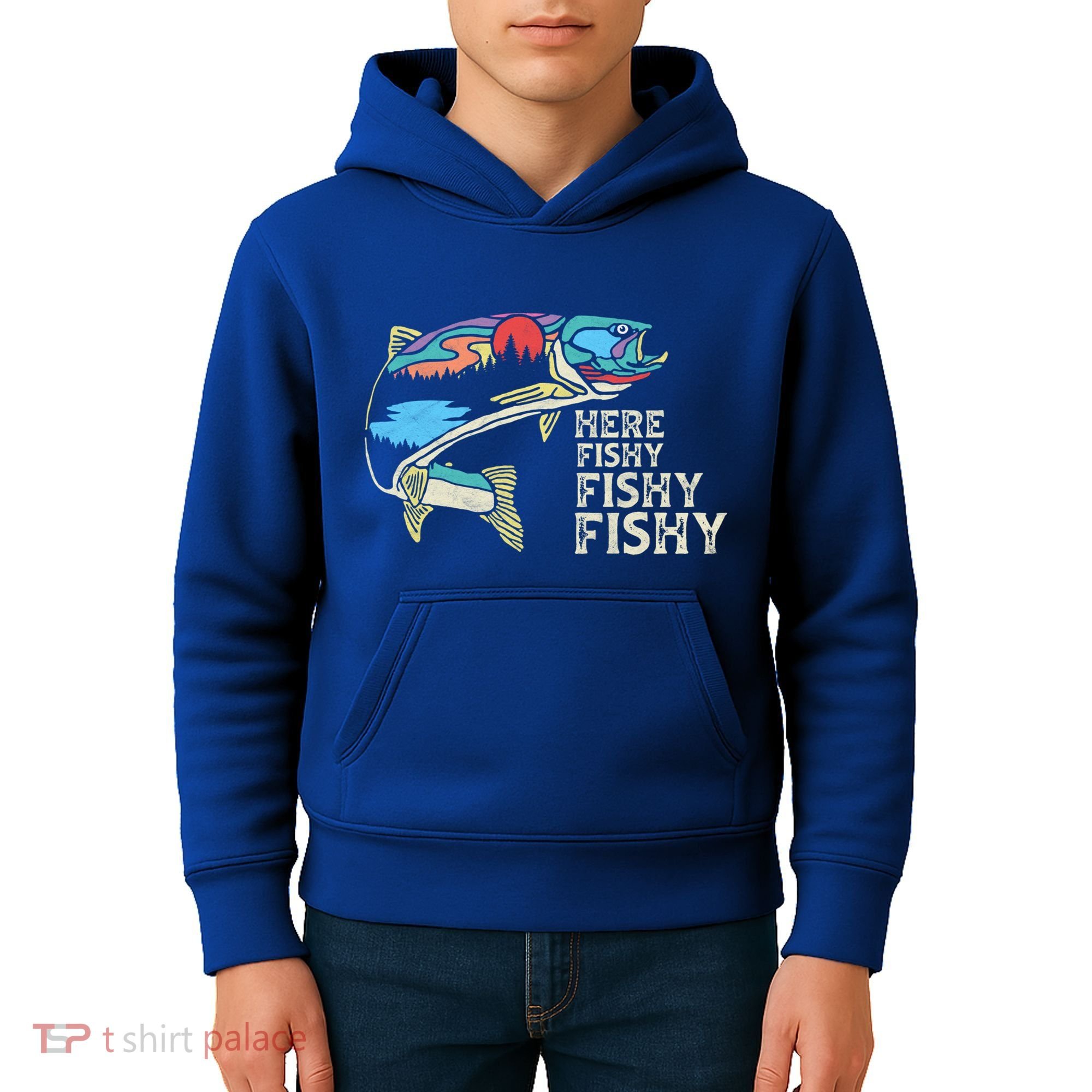 Here Fishy Fishy Retro Nature Trout Fly Fishing Gift Kids Hoodie