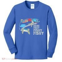 Here Fishy Fishy Retro Nature Trout Fly Fishing Gift Kids Long Sleeve Shirt thumb 0