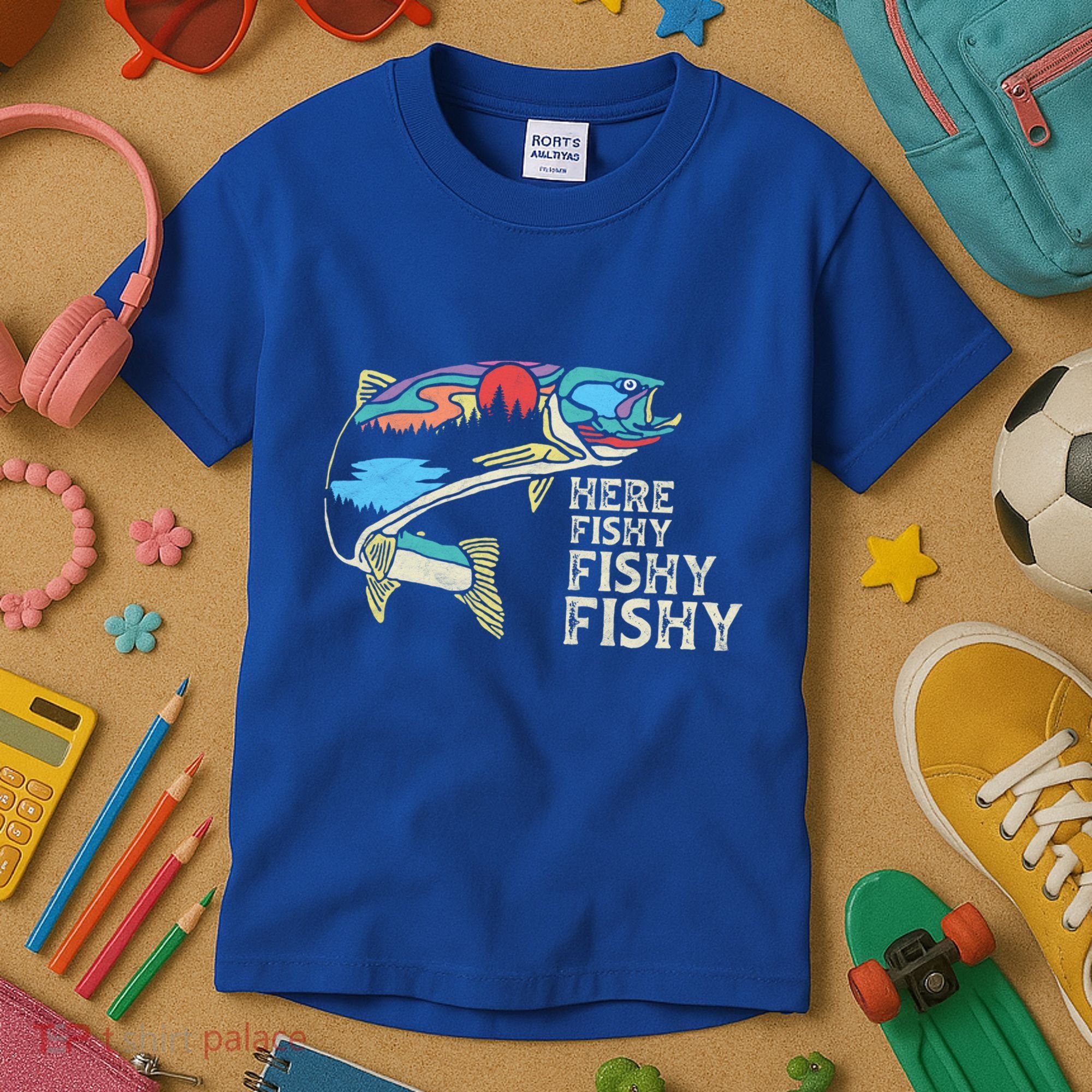 Here Fishy Fishy Retro Nature Trout Fly Fishing Gift Kids T-Shirt