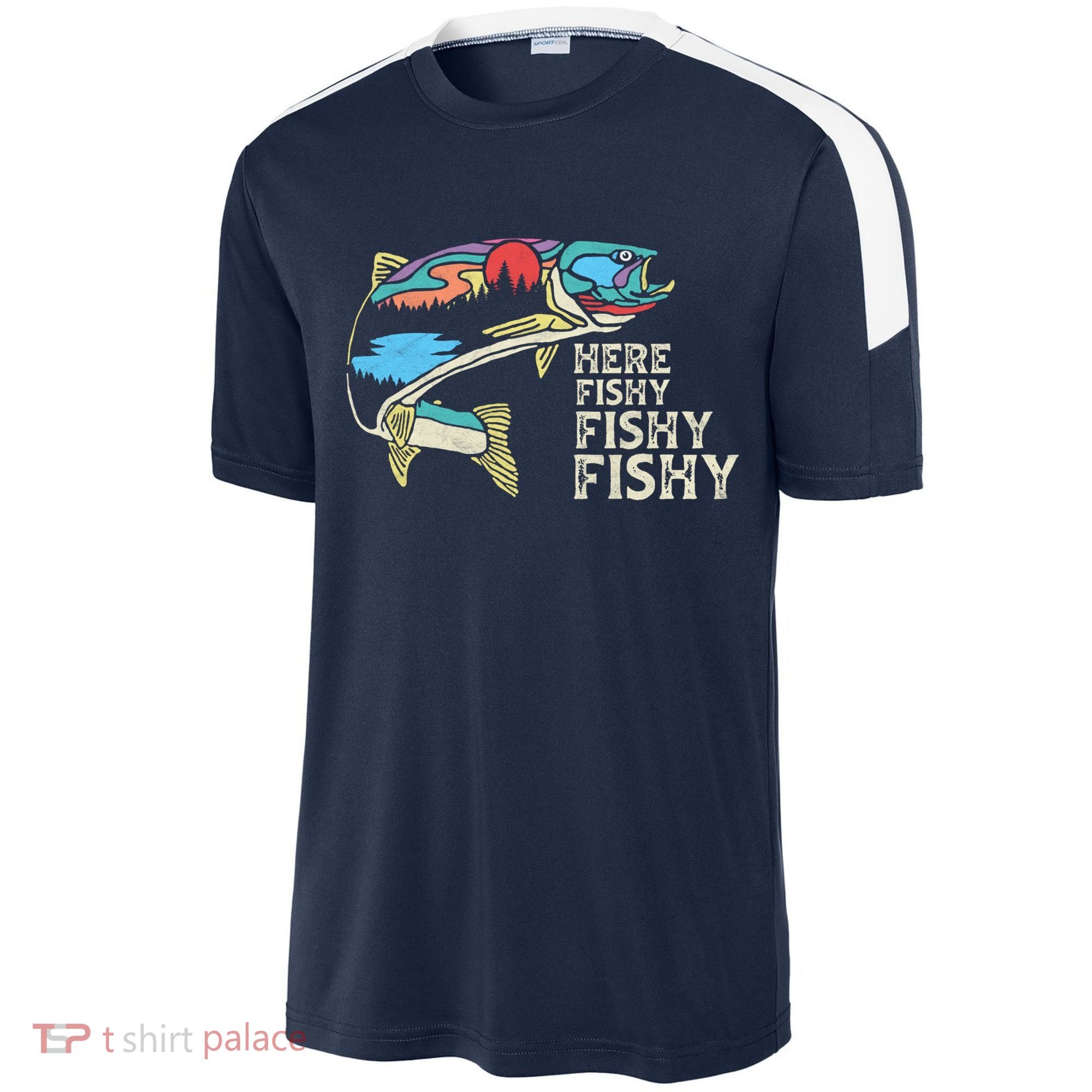 Here Fishy Fishy Retro Nature Trout Fly Fishing Gift Sport-Tek Competitor United Soccer Jersey