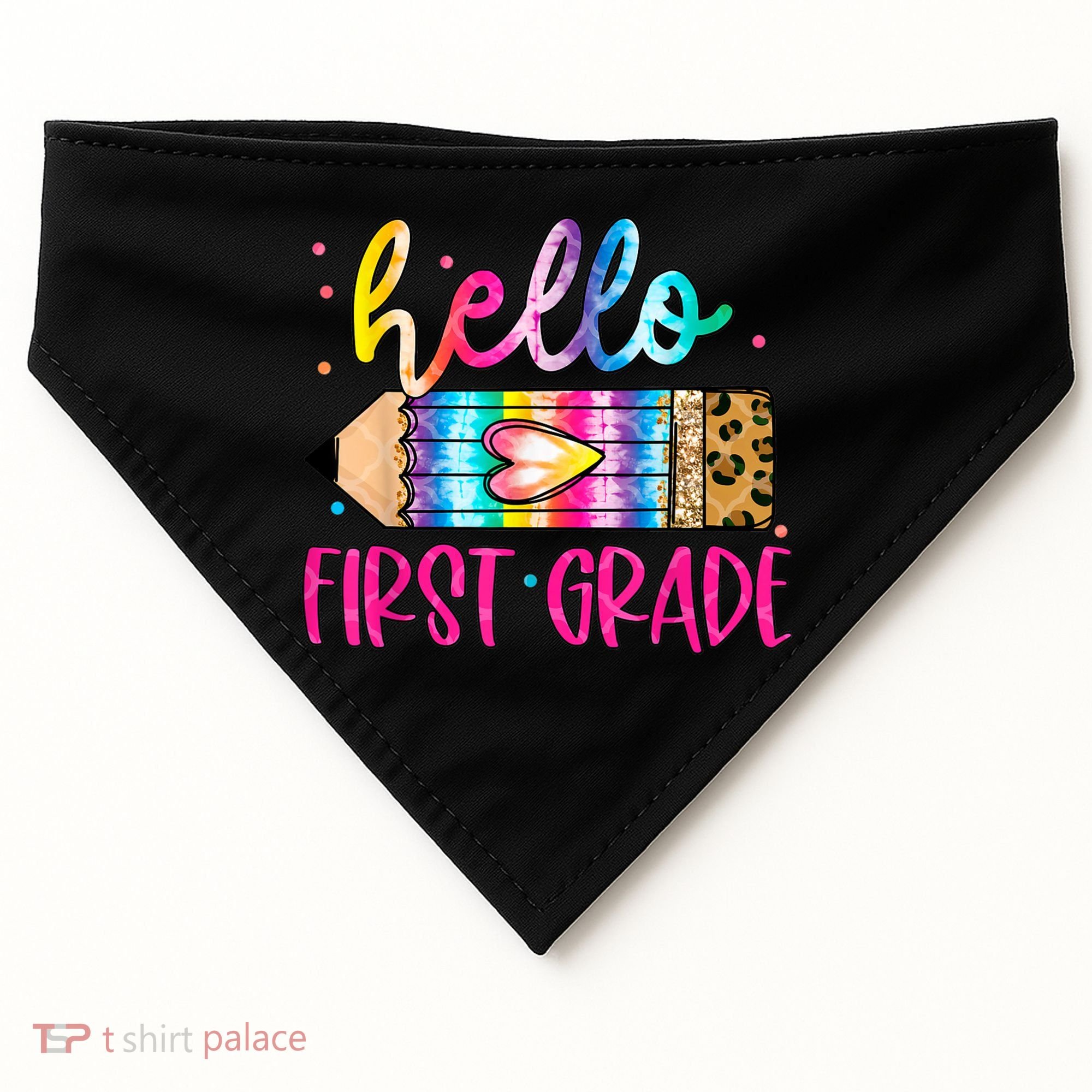 Hello First Grade Leopard Tie Dye Pencil USA-Made Doggie Bandana