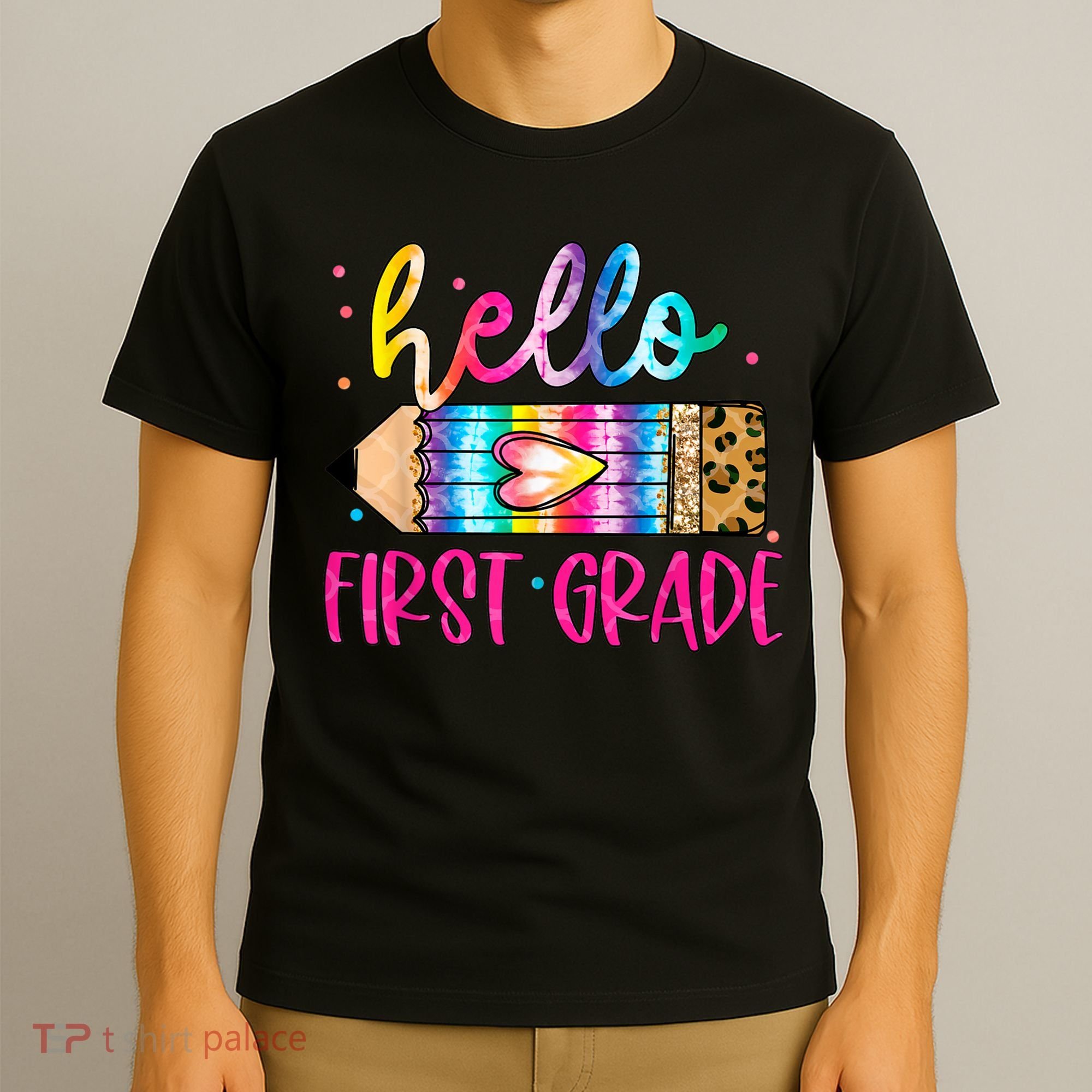 Hello First Grade Leopard Tie Dye Pencil T-Shirt