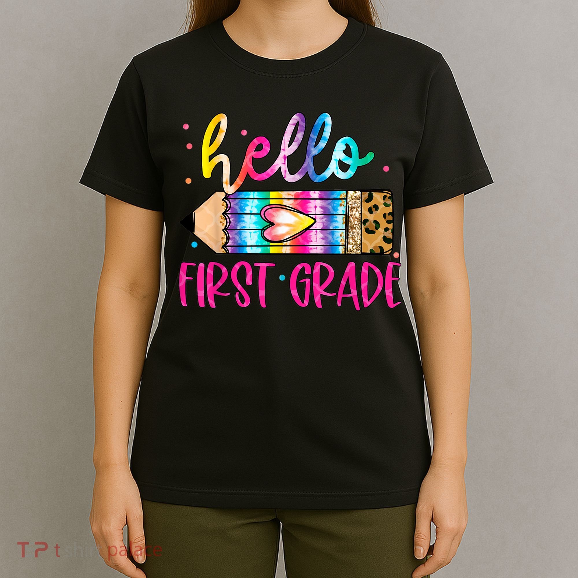 Hello First Grade Leopard Tie Dye Pencil T-Shirt