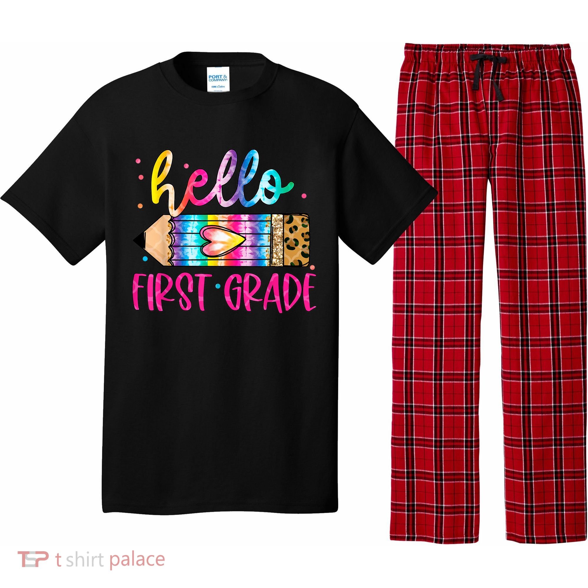 Hello First Grade Leopard Tie Dye Pencil Pajama Set