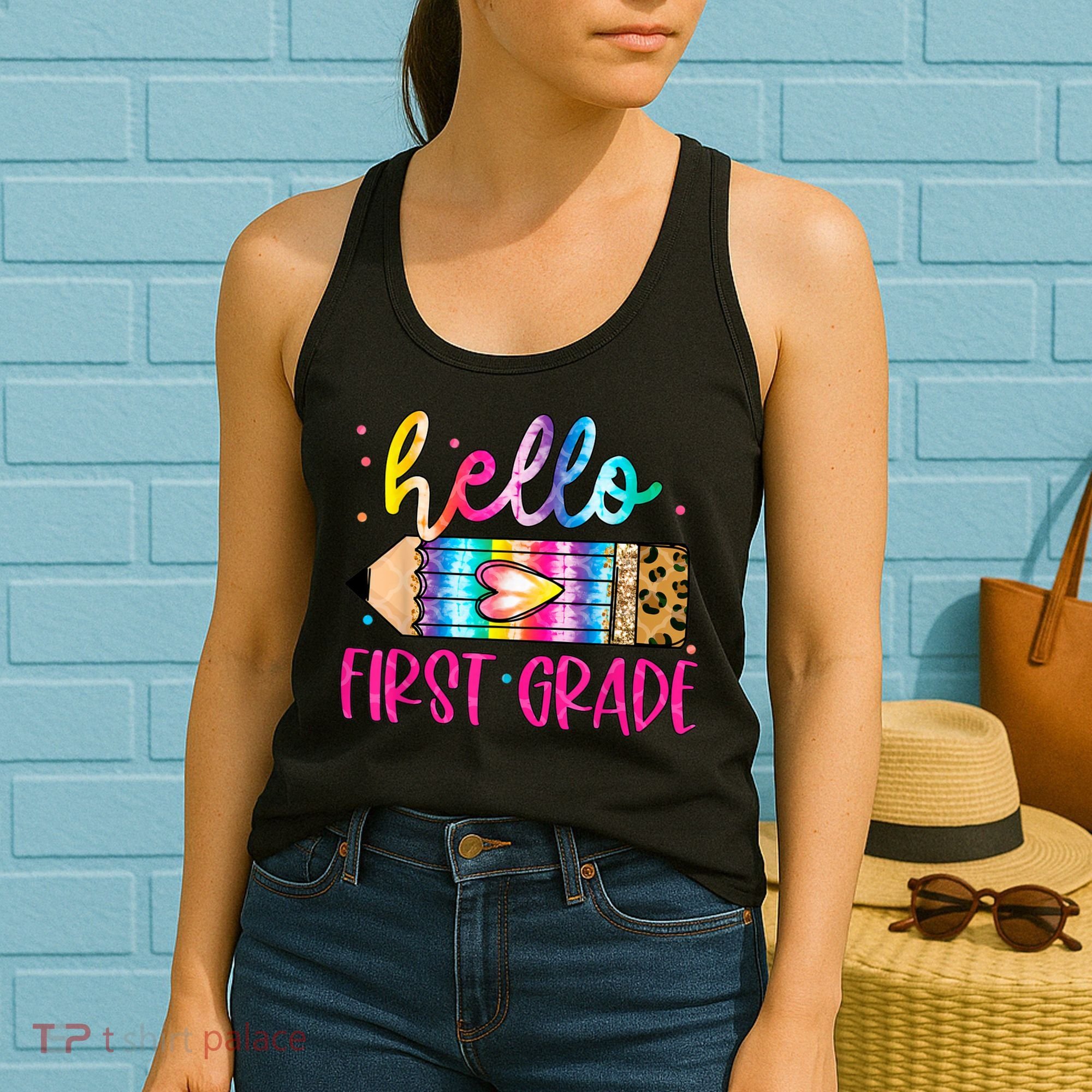 Hello First Grade Leopard Tie Dye Pencil Women's Tank Top