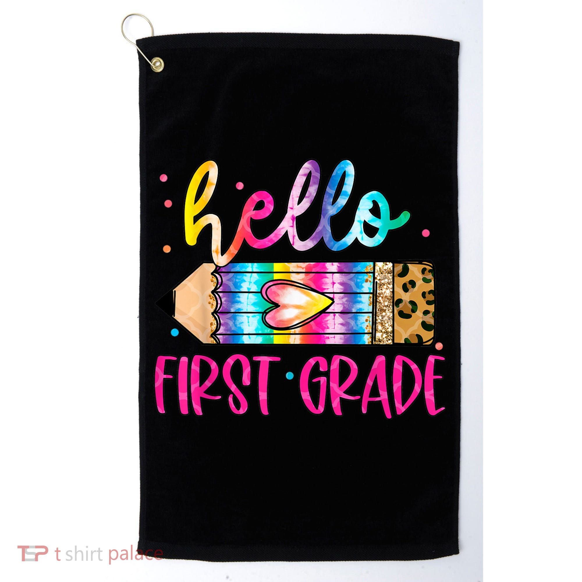 Hello First Grade Leopard Tie Dye Pencil Golf Towel