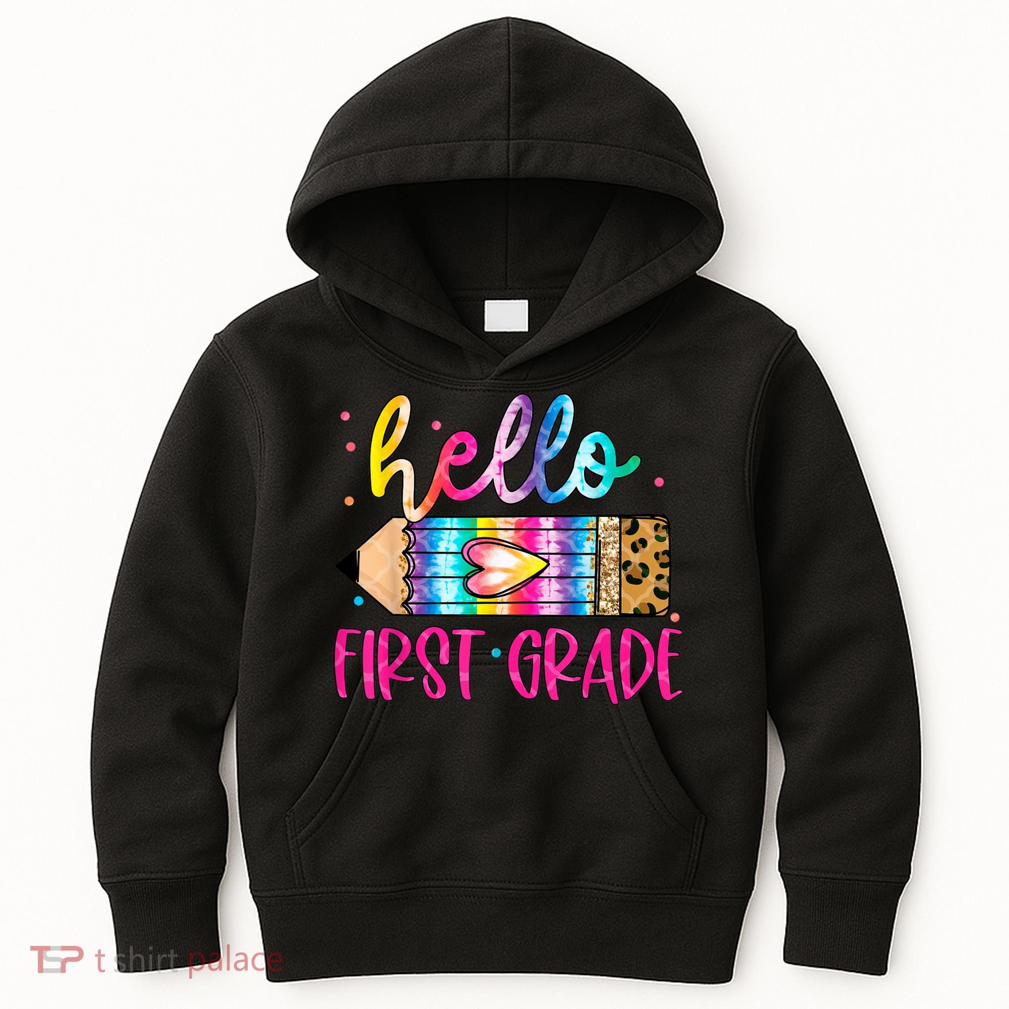 Hello First Grade Leopard Tie Dye Pencil Kids Hoodie