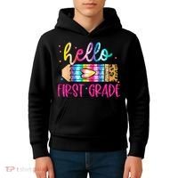 Hello First Grade Leopard Tie Dye Pencil Kids Hoodie thumb 4
