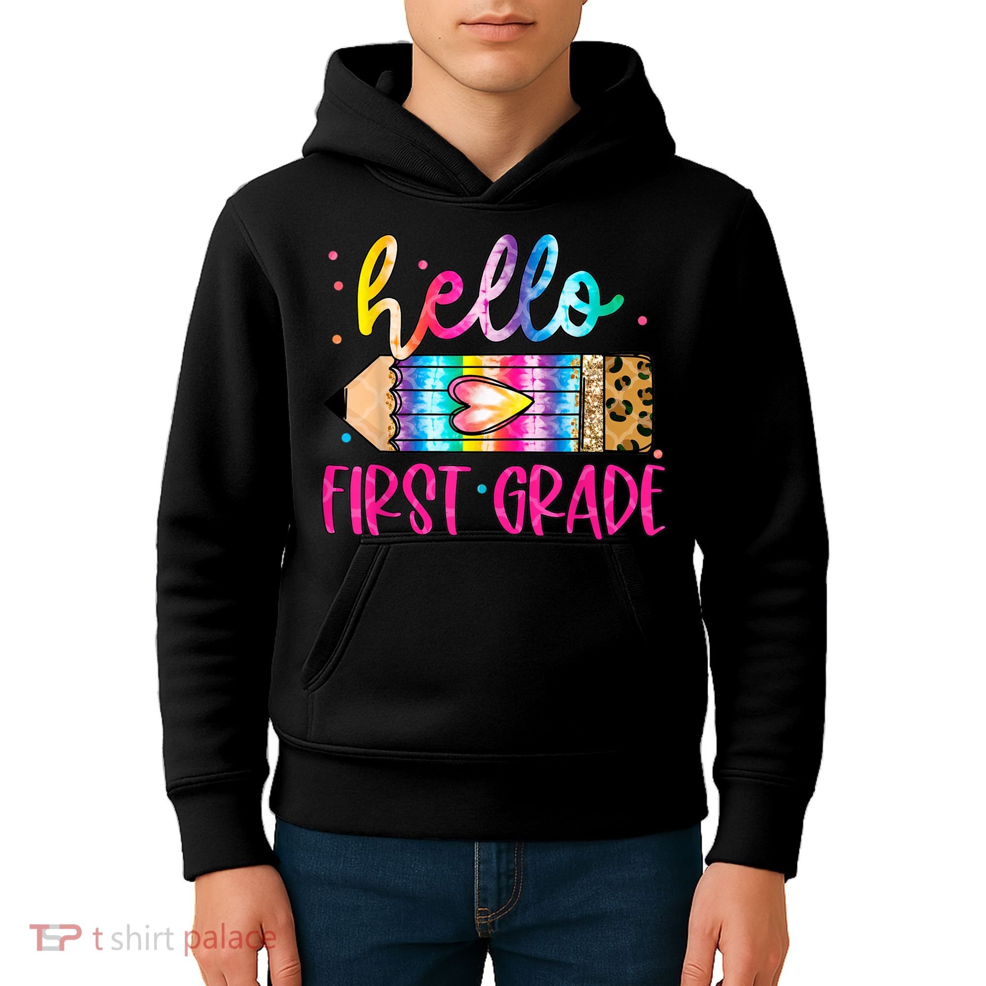 Hello First Grade Leopard Tie Dye Pencil Kids Hoodie