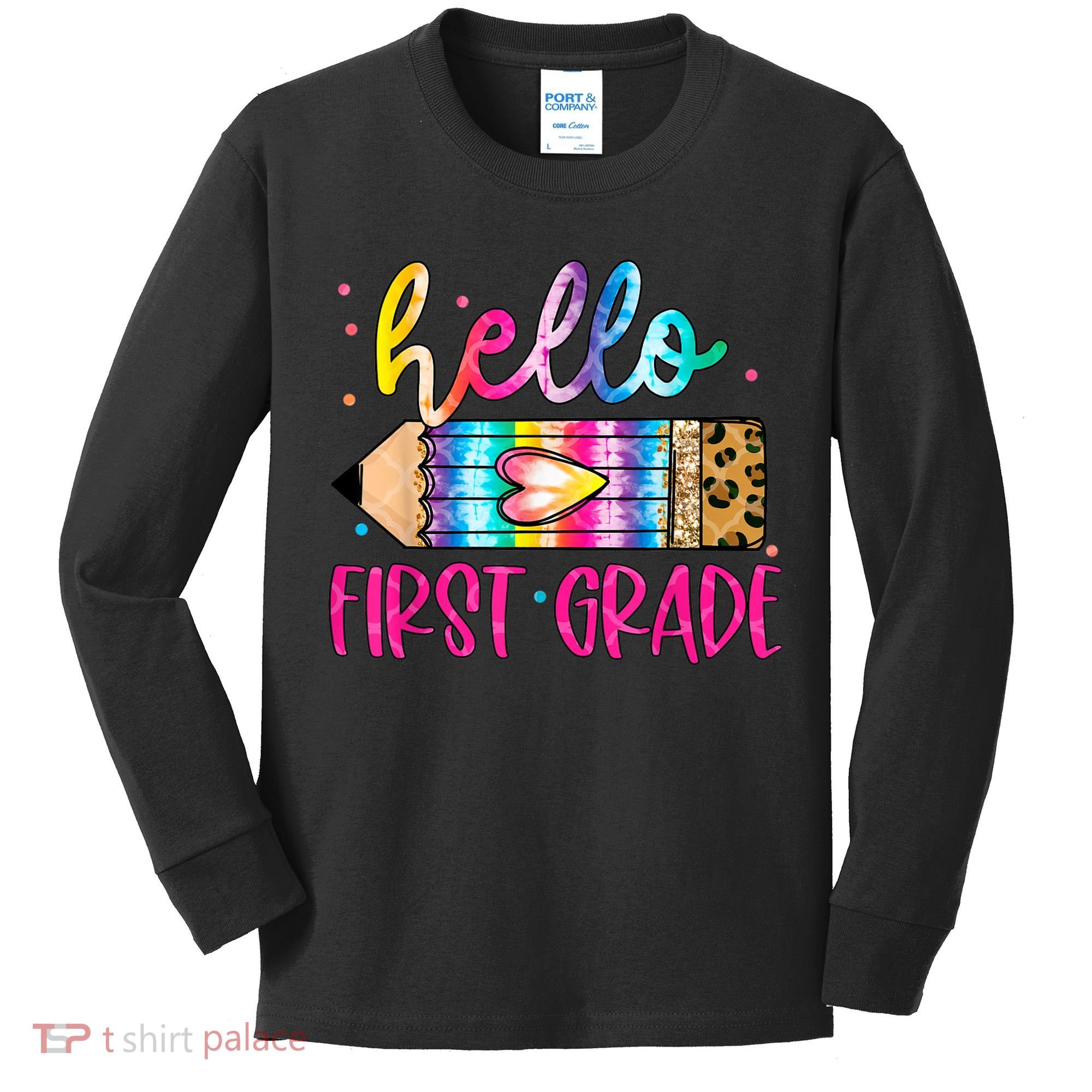 Hello First Grade Leopard Tie Dye Pencil Kids Long Sleeve Shirt