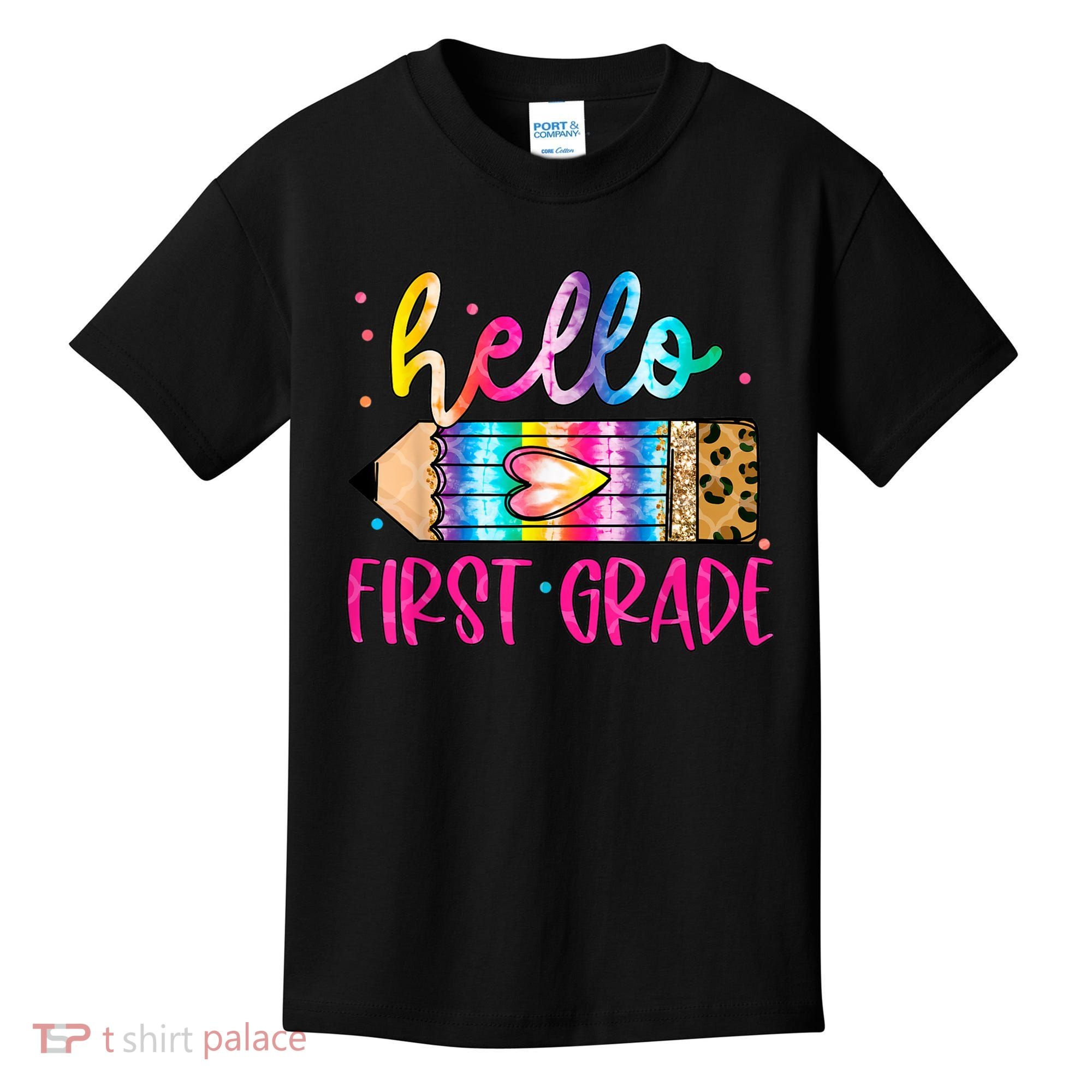 Hello First Grade Leopard Tie Dye Pencil Kids T-Shirt