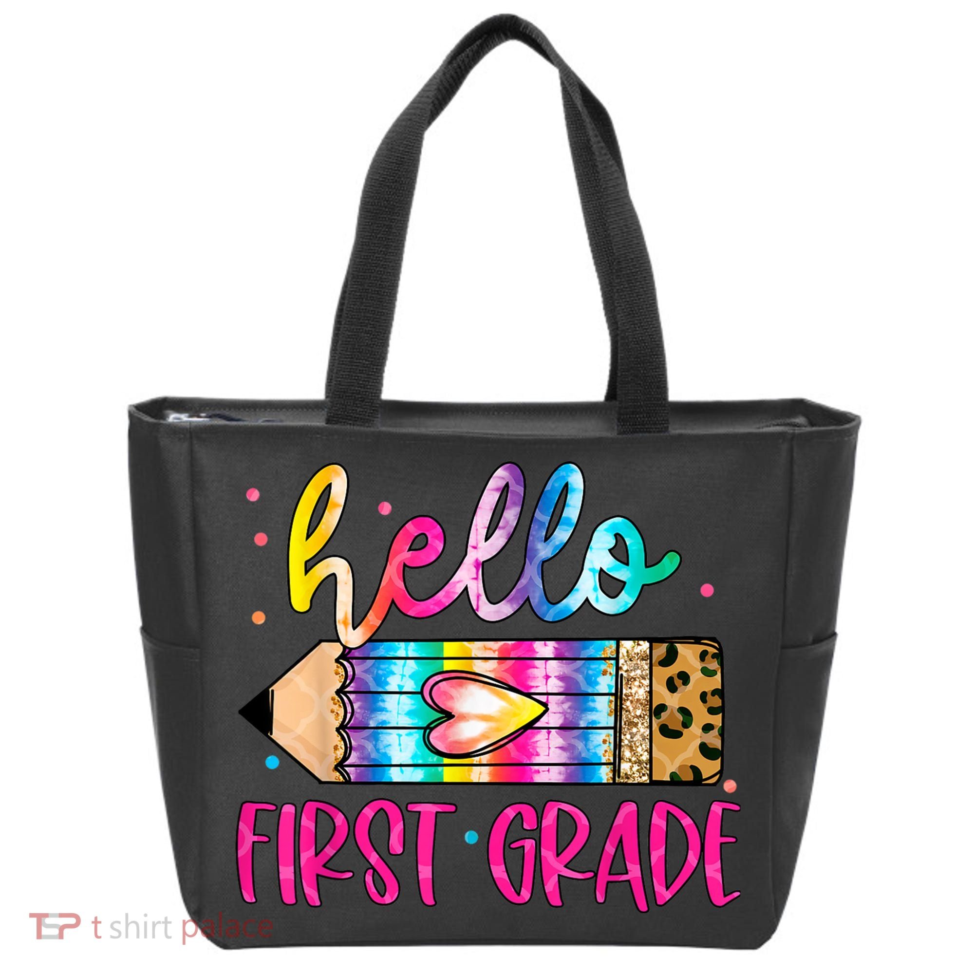 Hello First Grade Leopard Tie Dye Pencil Tote Bag