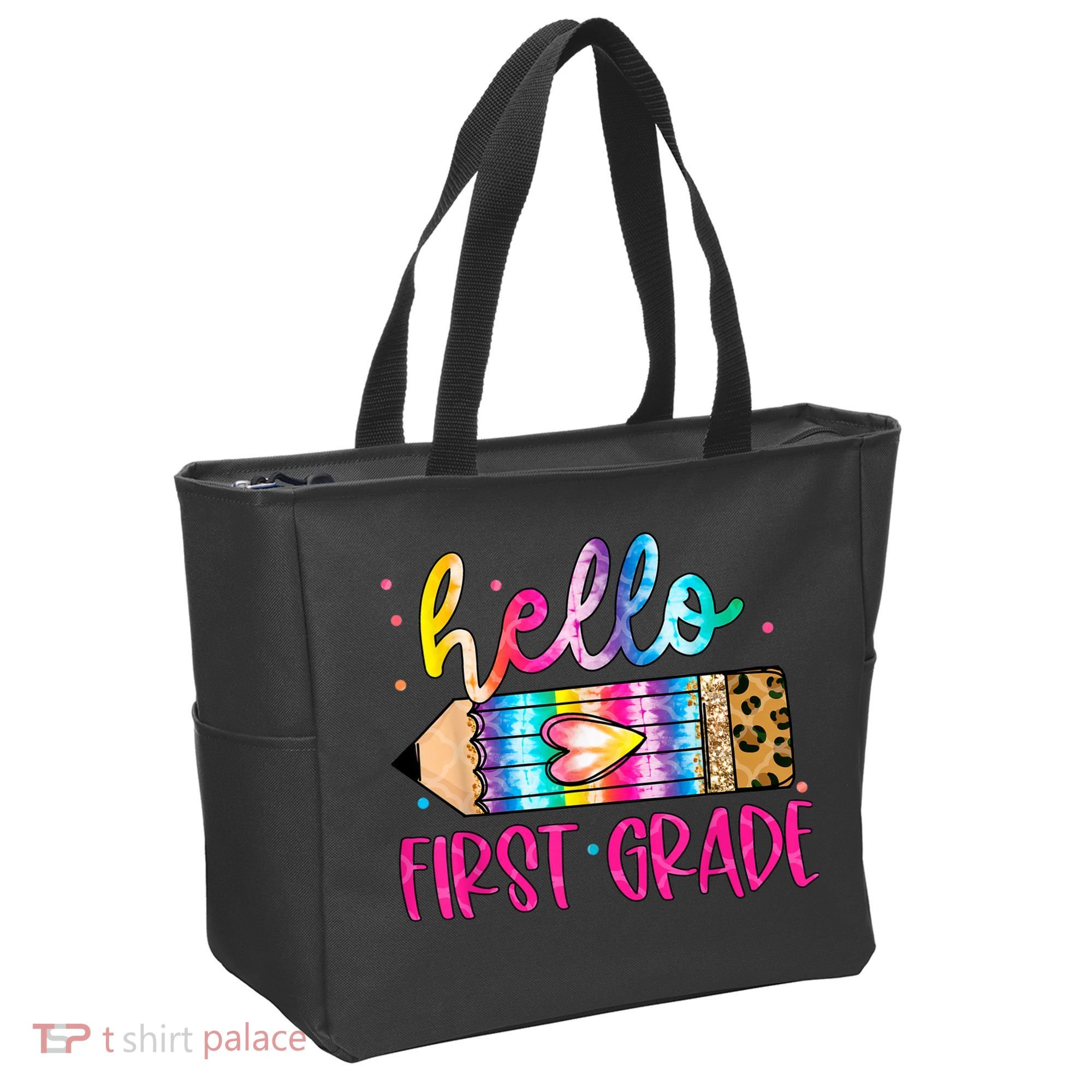 Hello First Grade Leopard Tie Dye Pencil Tote Bag