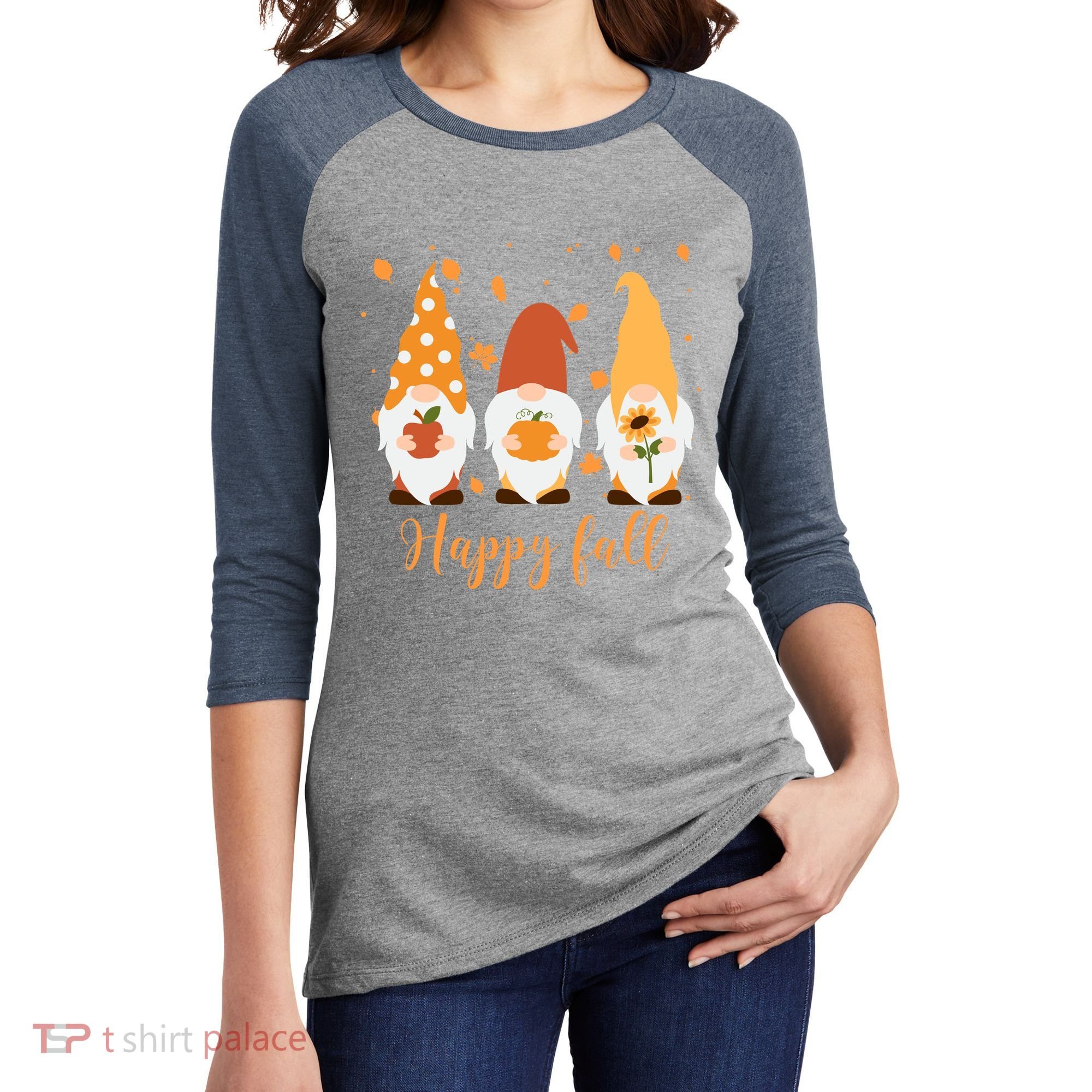 Happy Fall Gnome Festive Cute Women's Tri-Blend 3/4-Sleeve Raglan Shirt