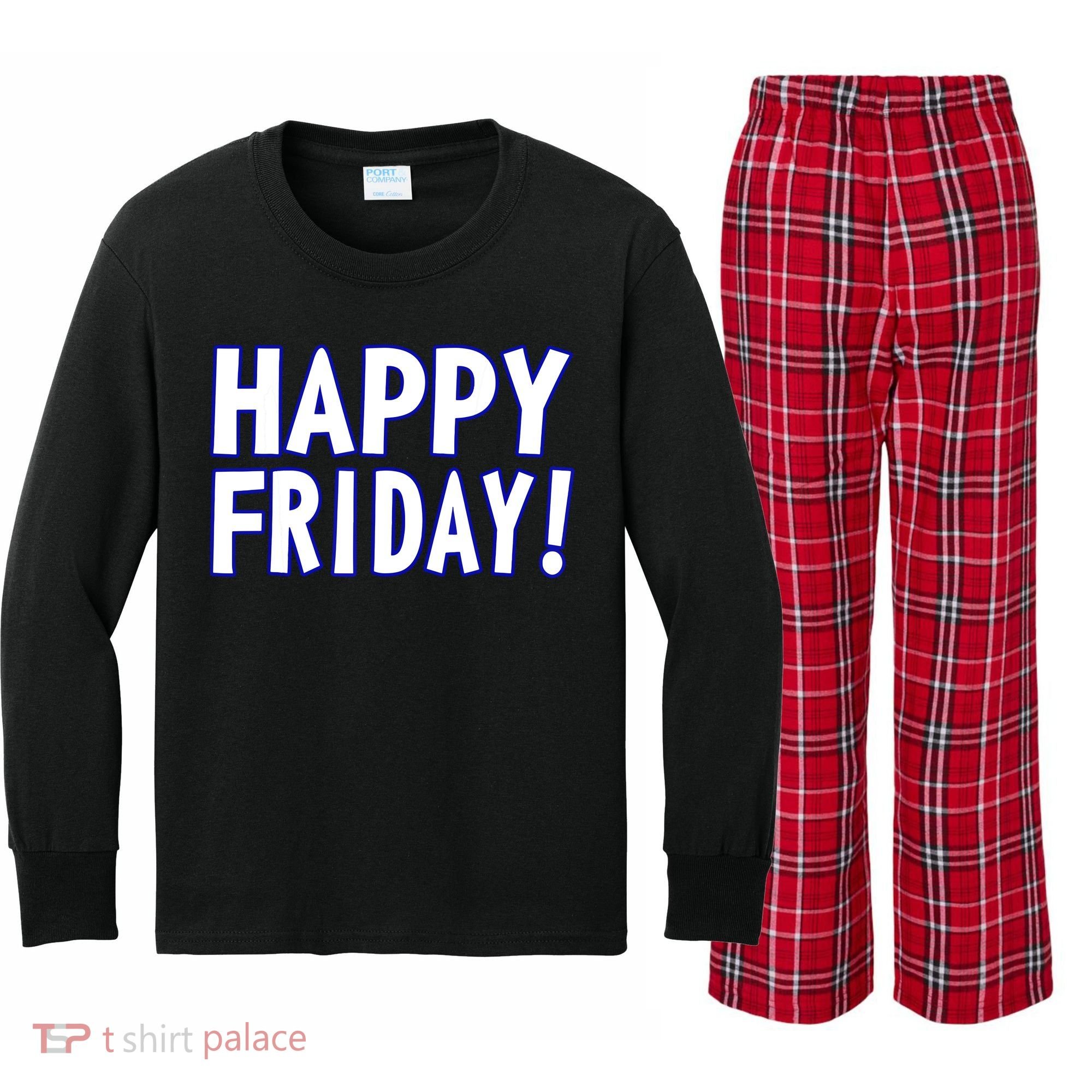 Happy Friday Gif Weekend Celebration Work Office Kids Long Sleeve Plaid Pajama Set