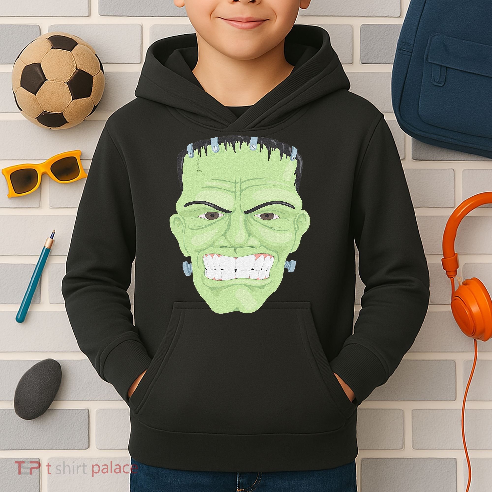 Halloween Frankenstein Head Terrifyingly Green Snarling Head Kids Hoodie