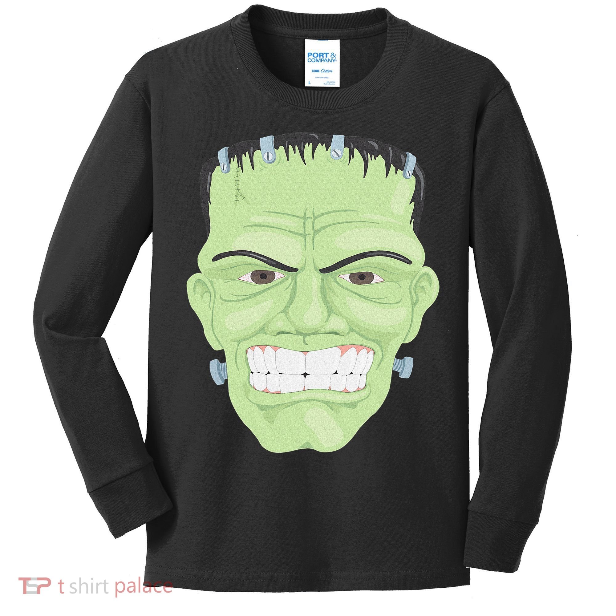 Halloween Frankenstein Head Terrifyingly Green Snarling Head Kids Long Sleeve Shirt