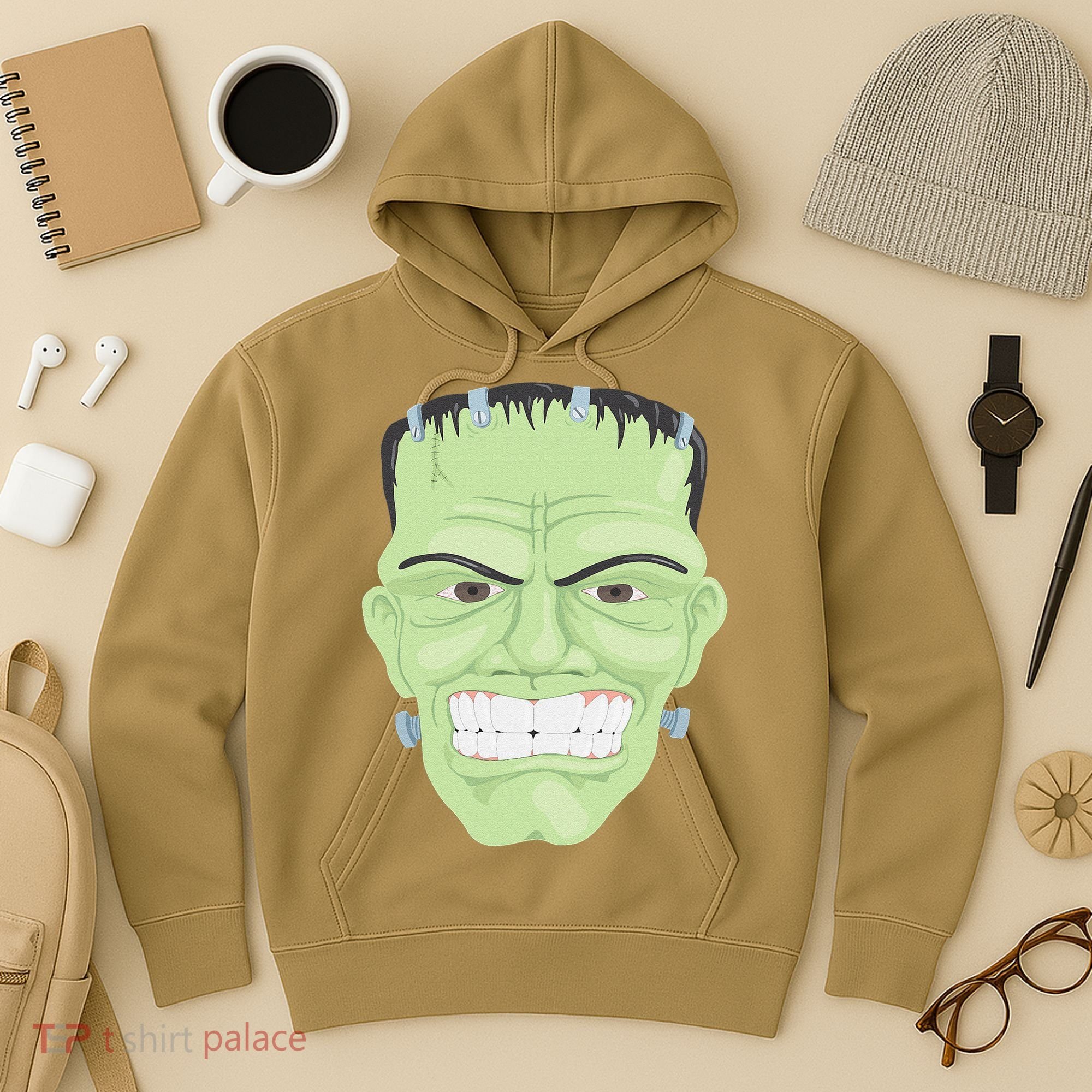 Halloween Frankenstein Head Terrifyingly Green Snarling Head Hoodie