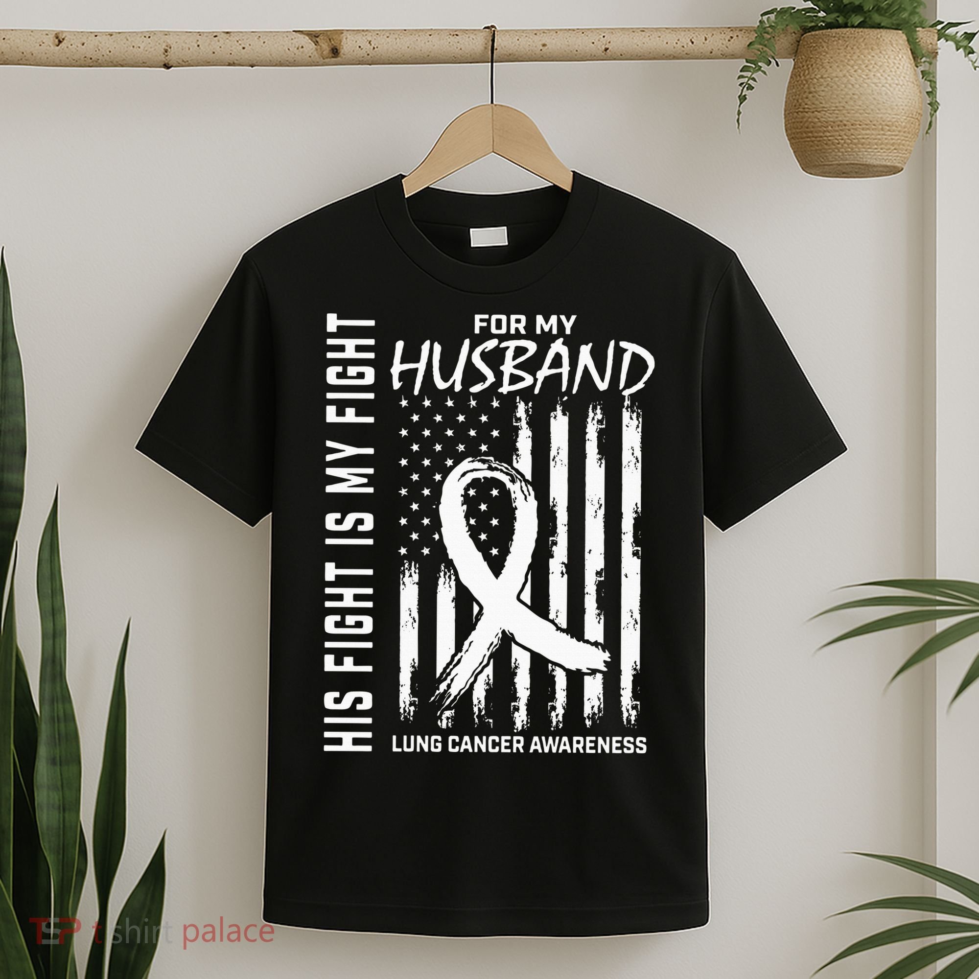 His Fight Is My Fight Husband Lung Cancer Awareness USA Flag T-Shirt