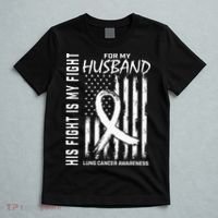 His Fight Is My Fight Husband Lung Cancer Awareness USA Flag T-Shirt thumb 5