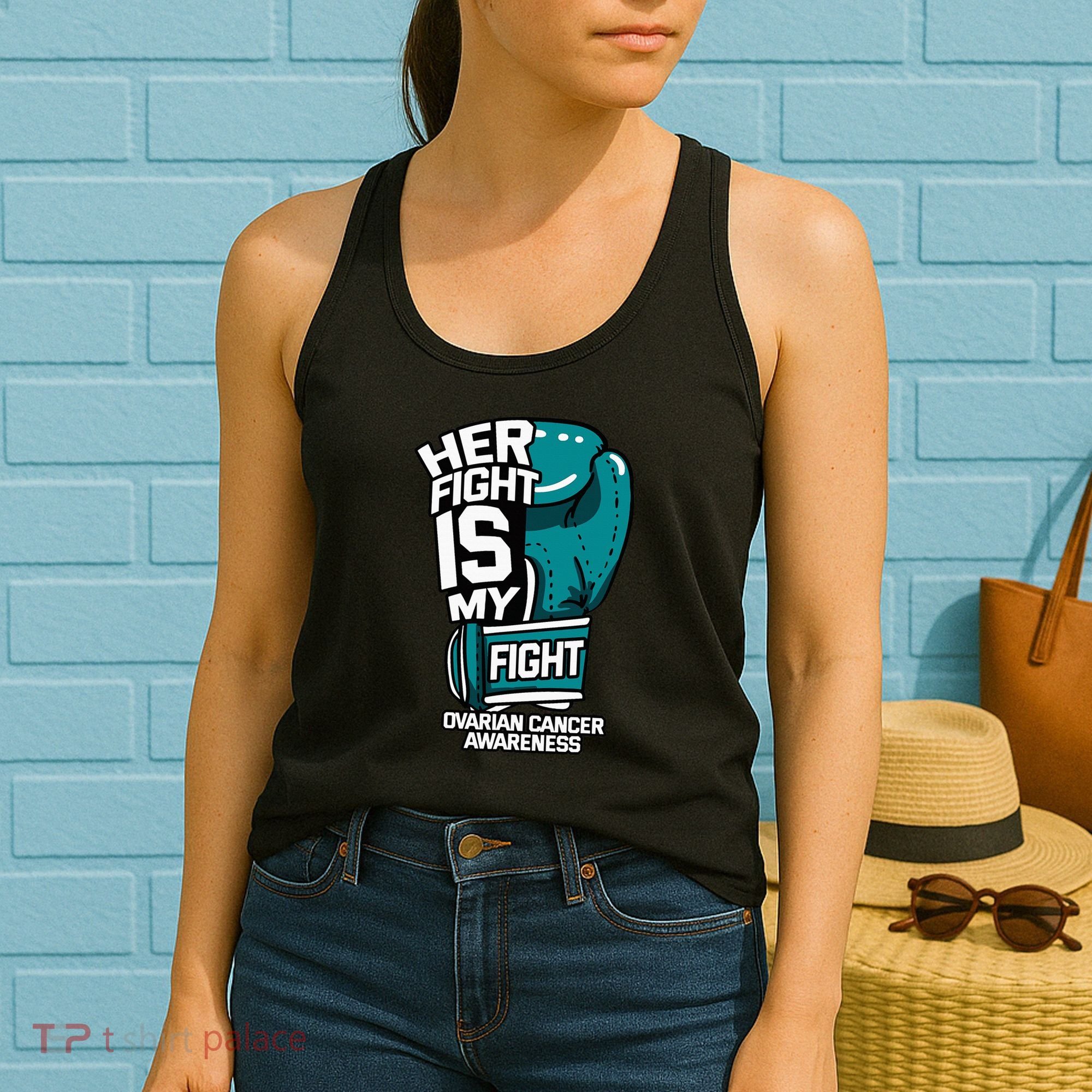 Her Fight Is My Fight Ovarian Cancer Awareness Teal Ribbon Women's Tank Top