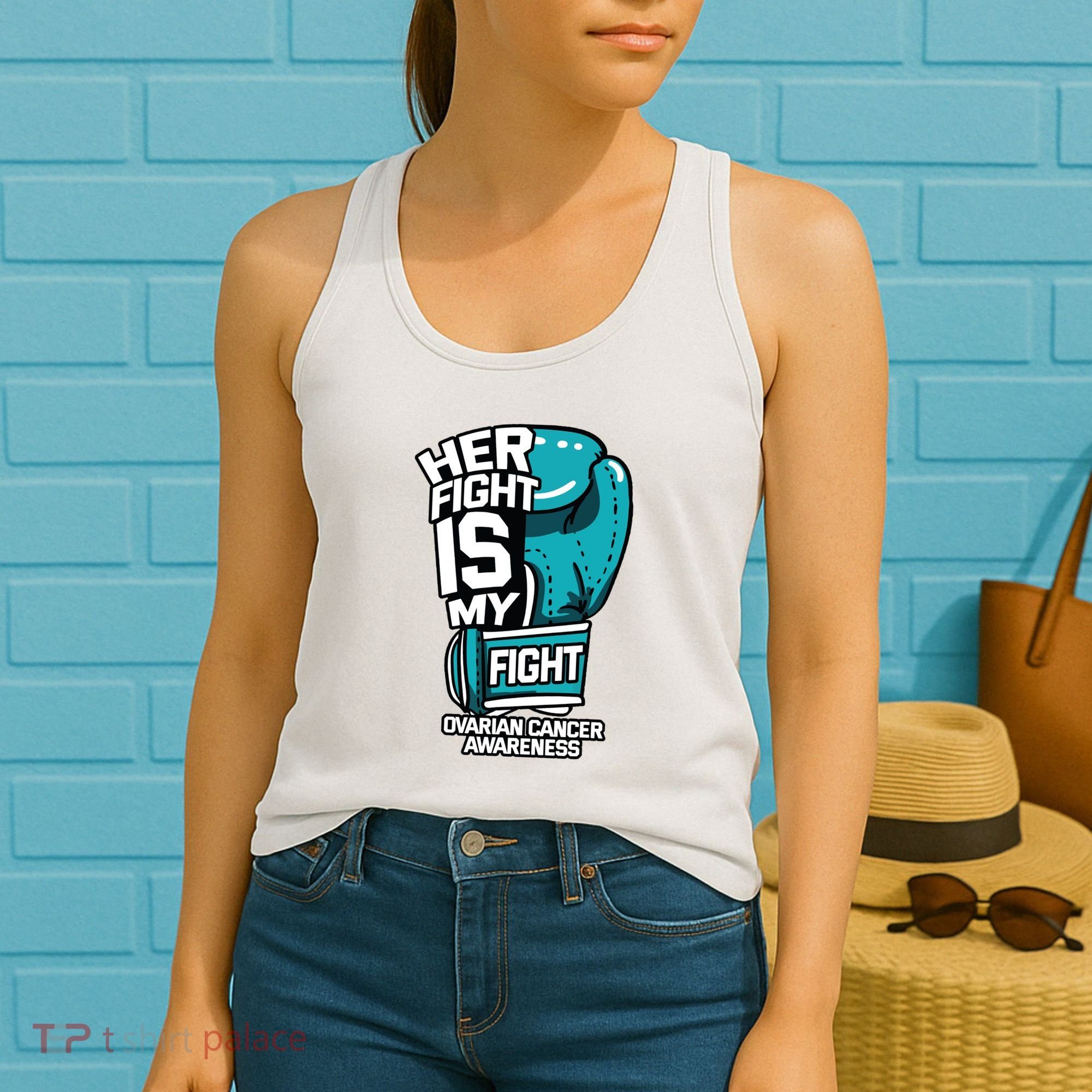 Her Fight Is My Fight Ovarian Cancer Awareness Teal Ribbon Women's Tank Top
