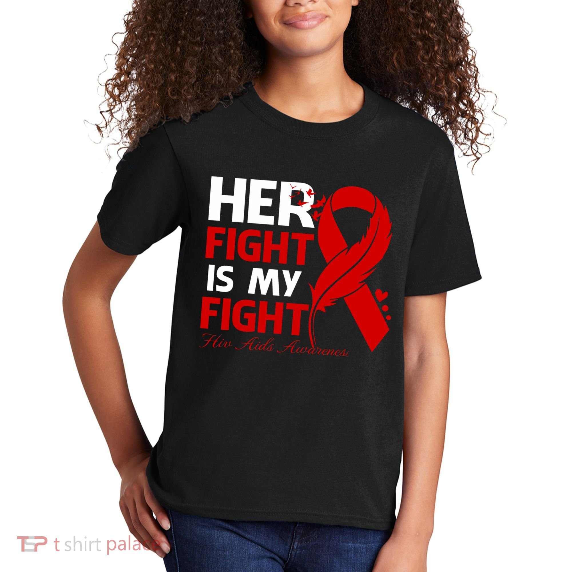 Her Fight Is My Fight Hiv Aids Awareness Feather Kids T-Shirt