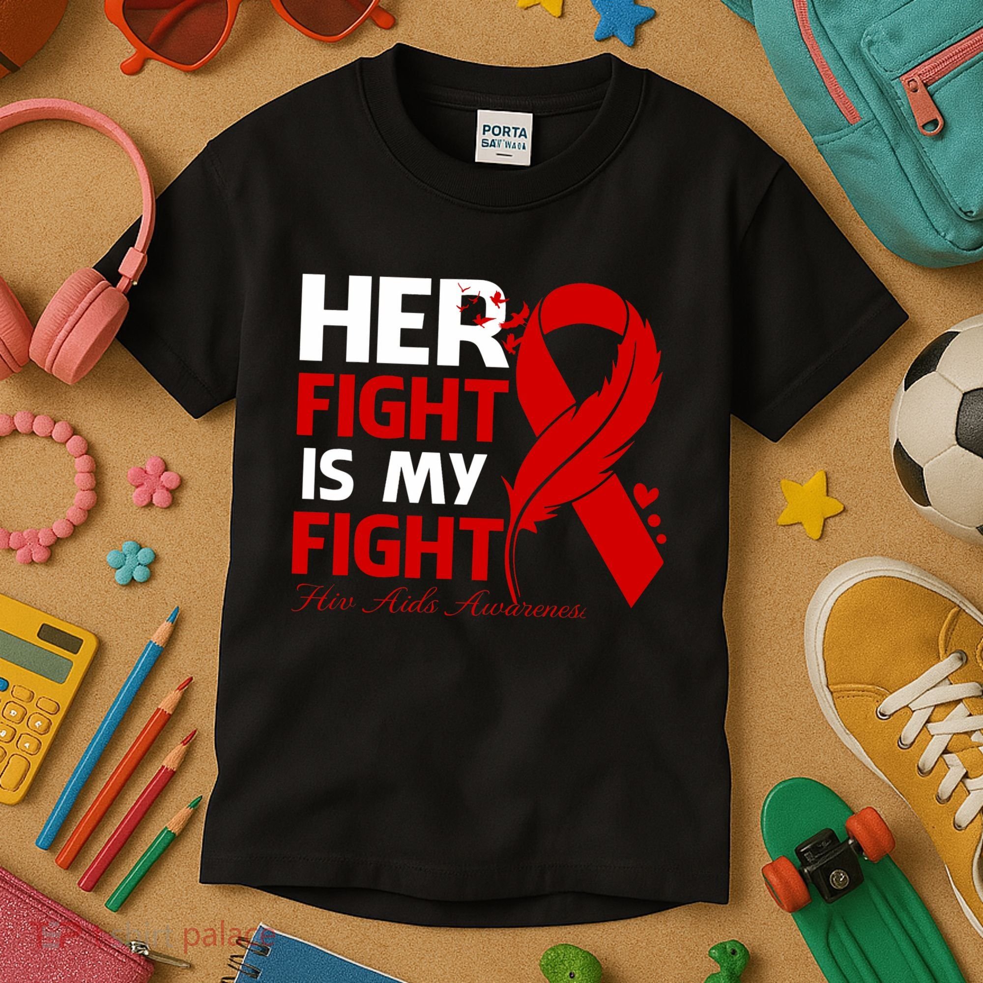 Her Fight Is My Fight Hiv Aids Awareness Feather Kids T-Shirt