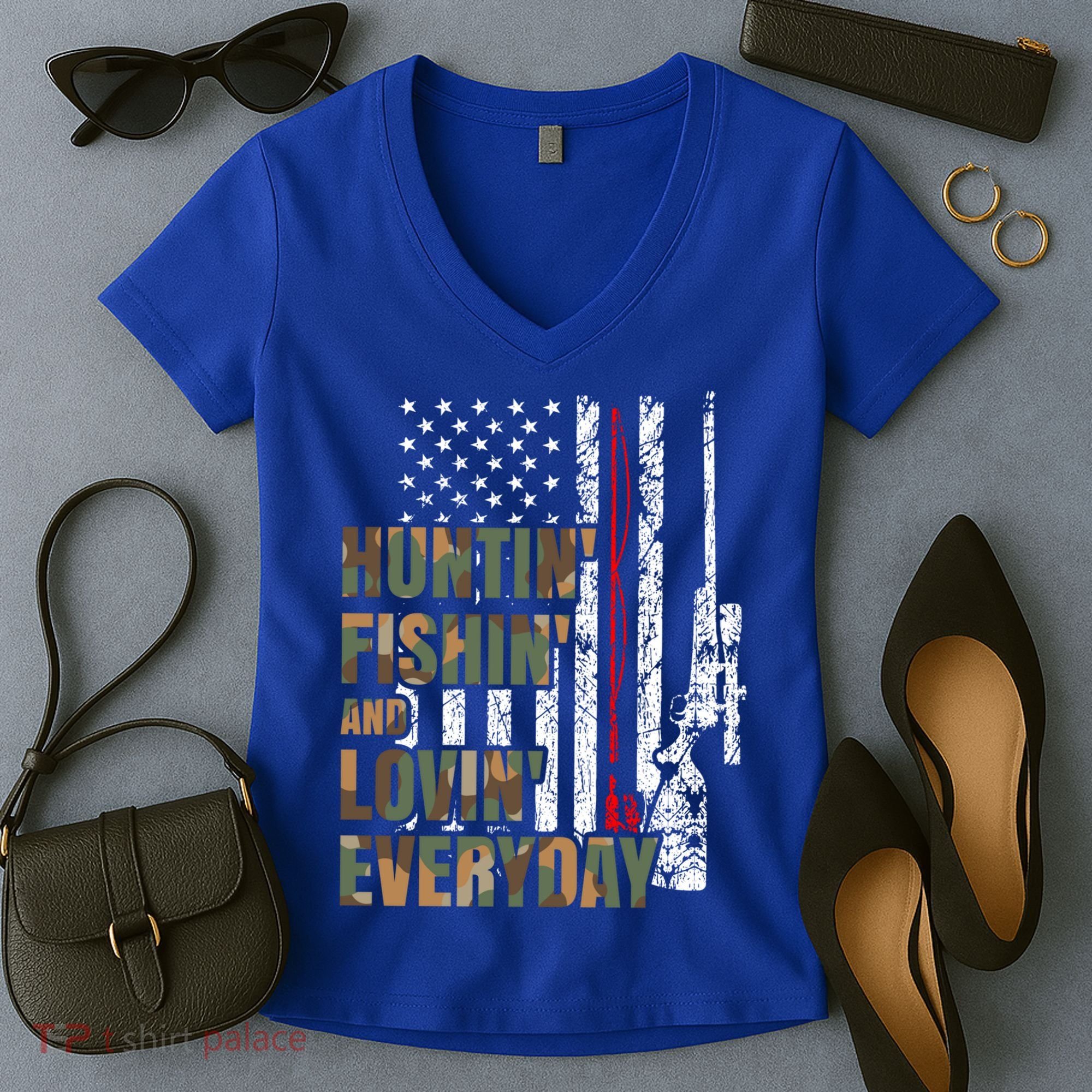 Hunting Fishing Loving Everyday Funny Gift Women's V-Neck T-Shirt