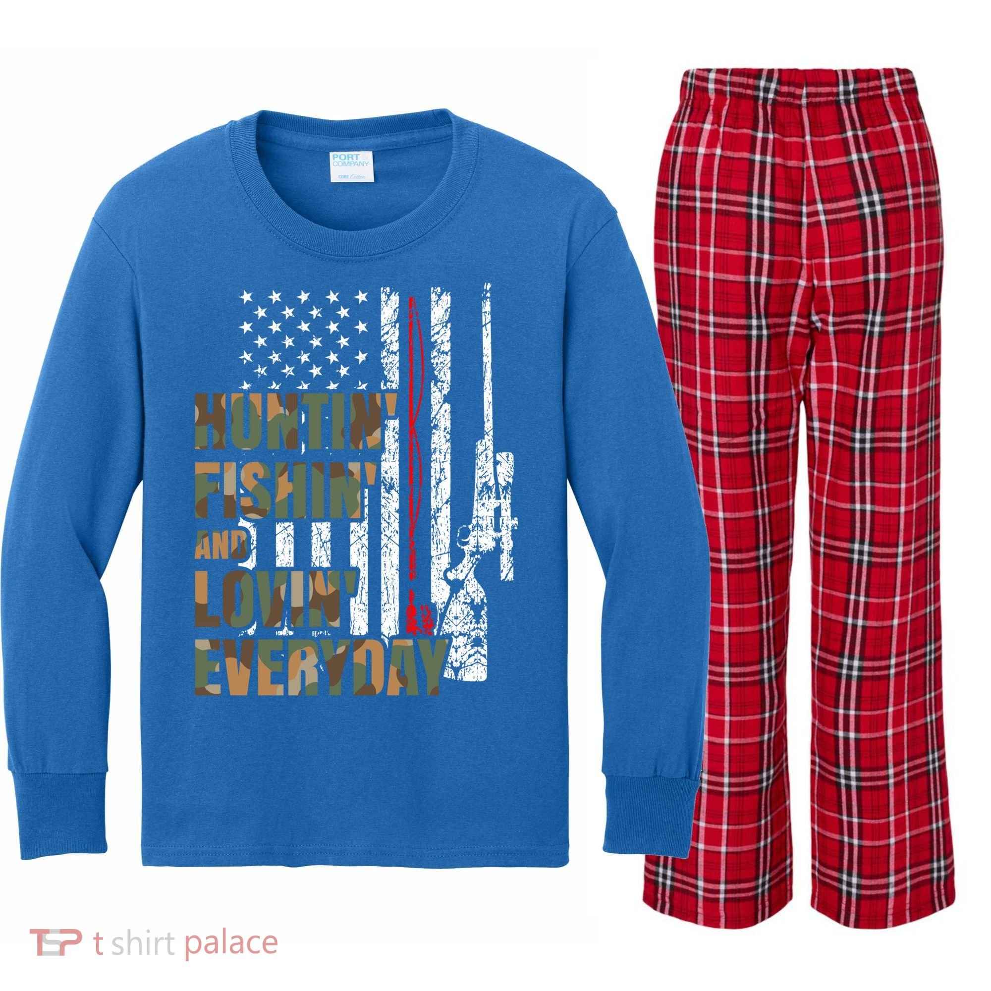 Hunting Fishing Loving Everyday Funny Gift Kids Long Sleeve Plaid Pajama Set