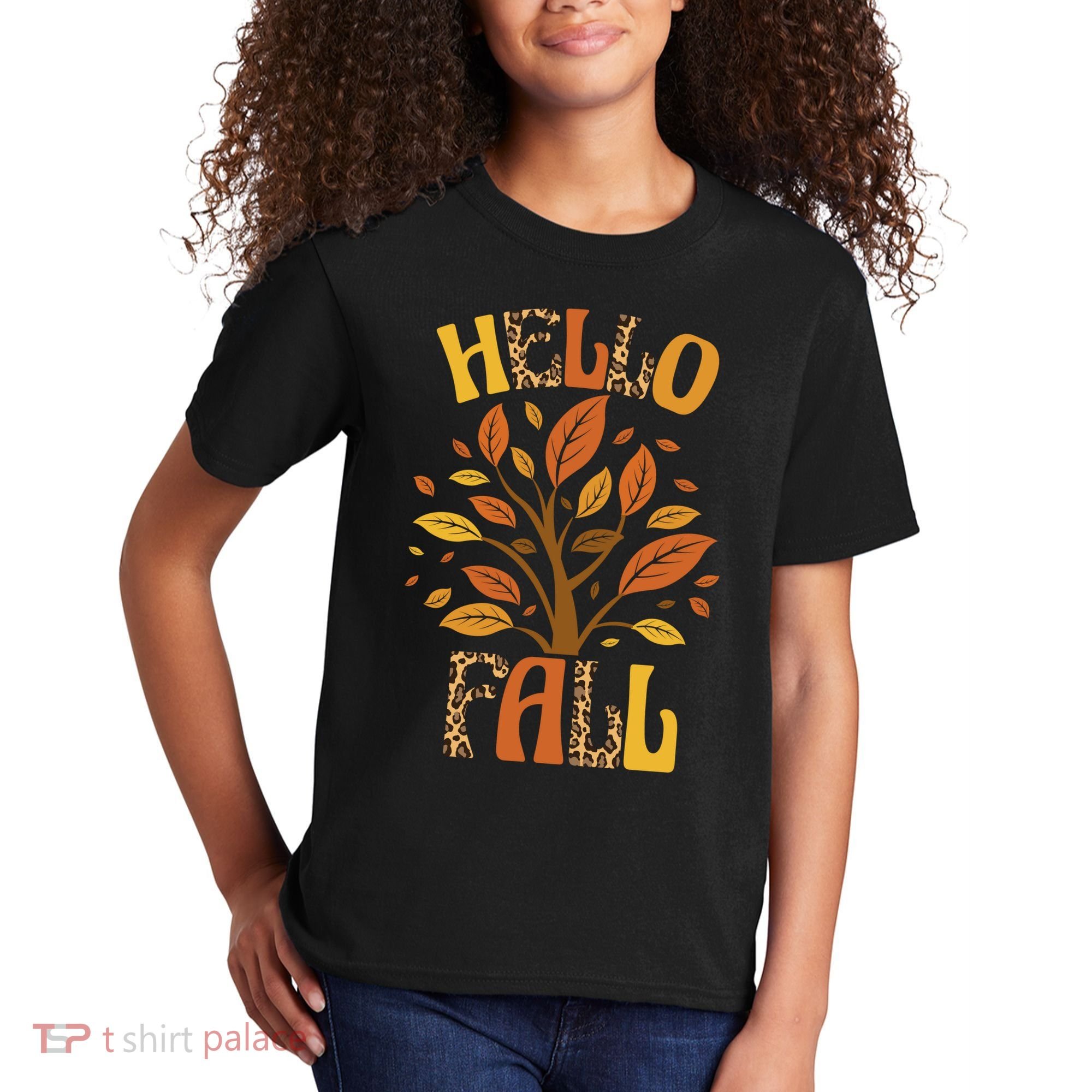 Hello Fall Leopard Season Nature Kids T-Shirt