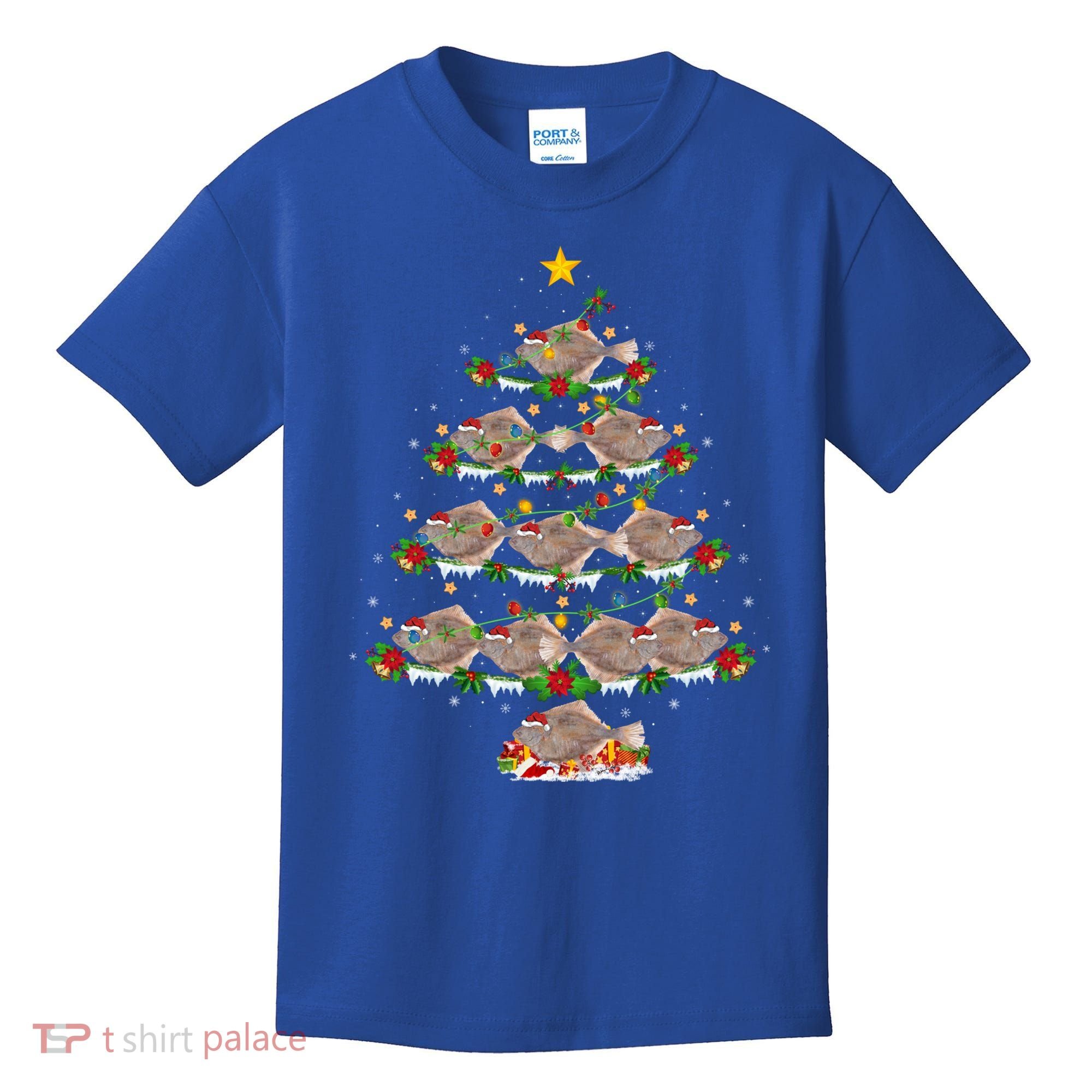 Halibut Fish Lover Xmas Lighting Halibut Christmas Tree Gift Kids T-Shirt