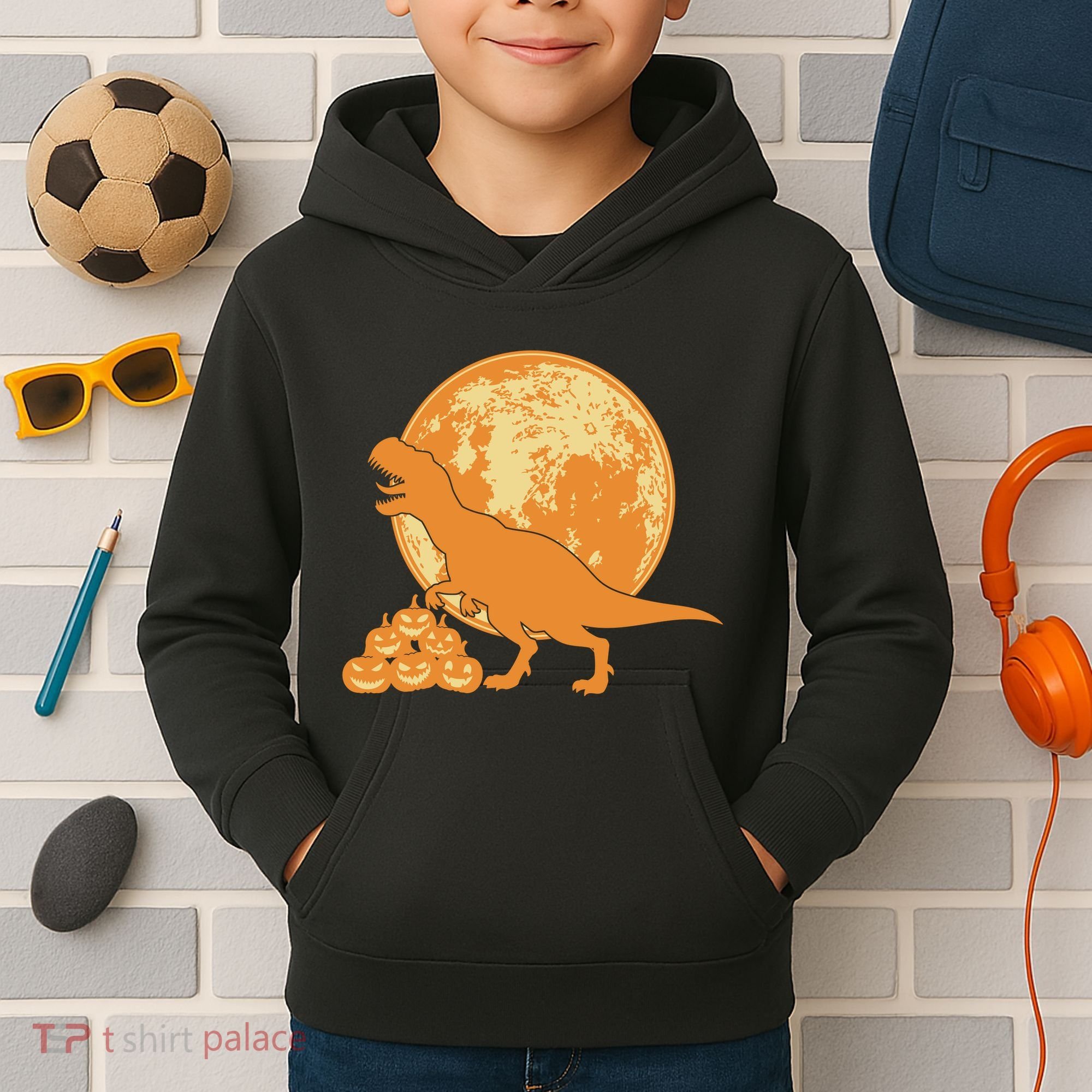 Halloween Full Moon Trex Pumpkins Kids Hoodie
